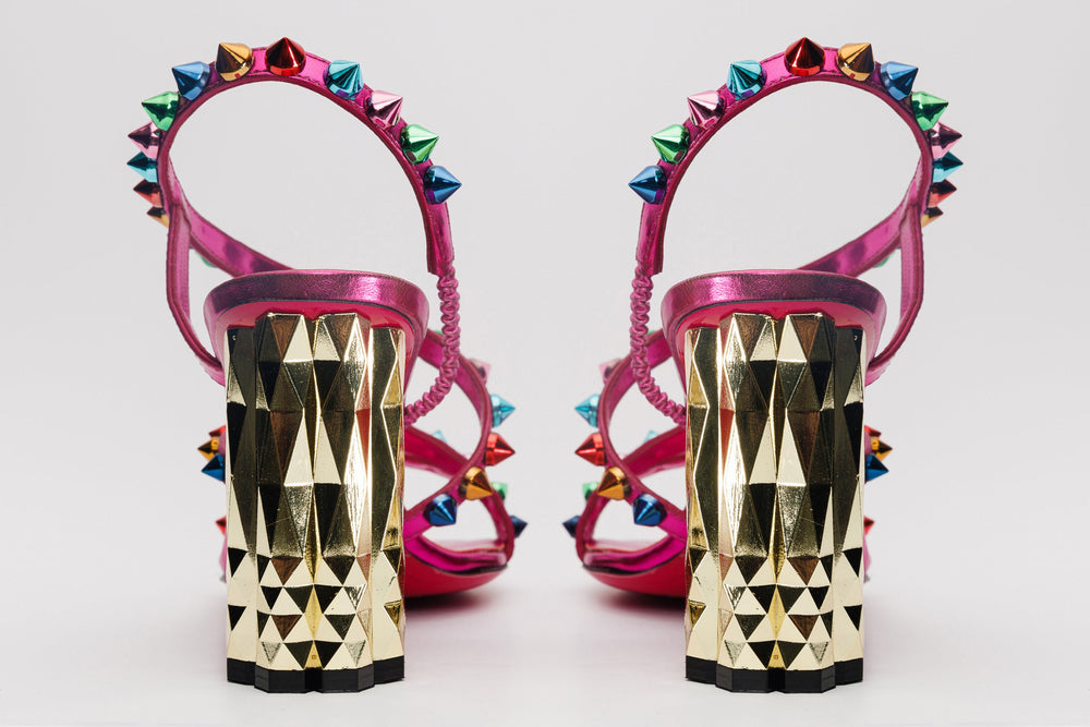 The Caris Fuchsia Block Heel Spike Leather Sandal Final Sale! - Vinci Leather