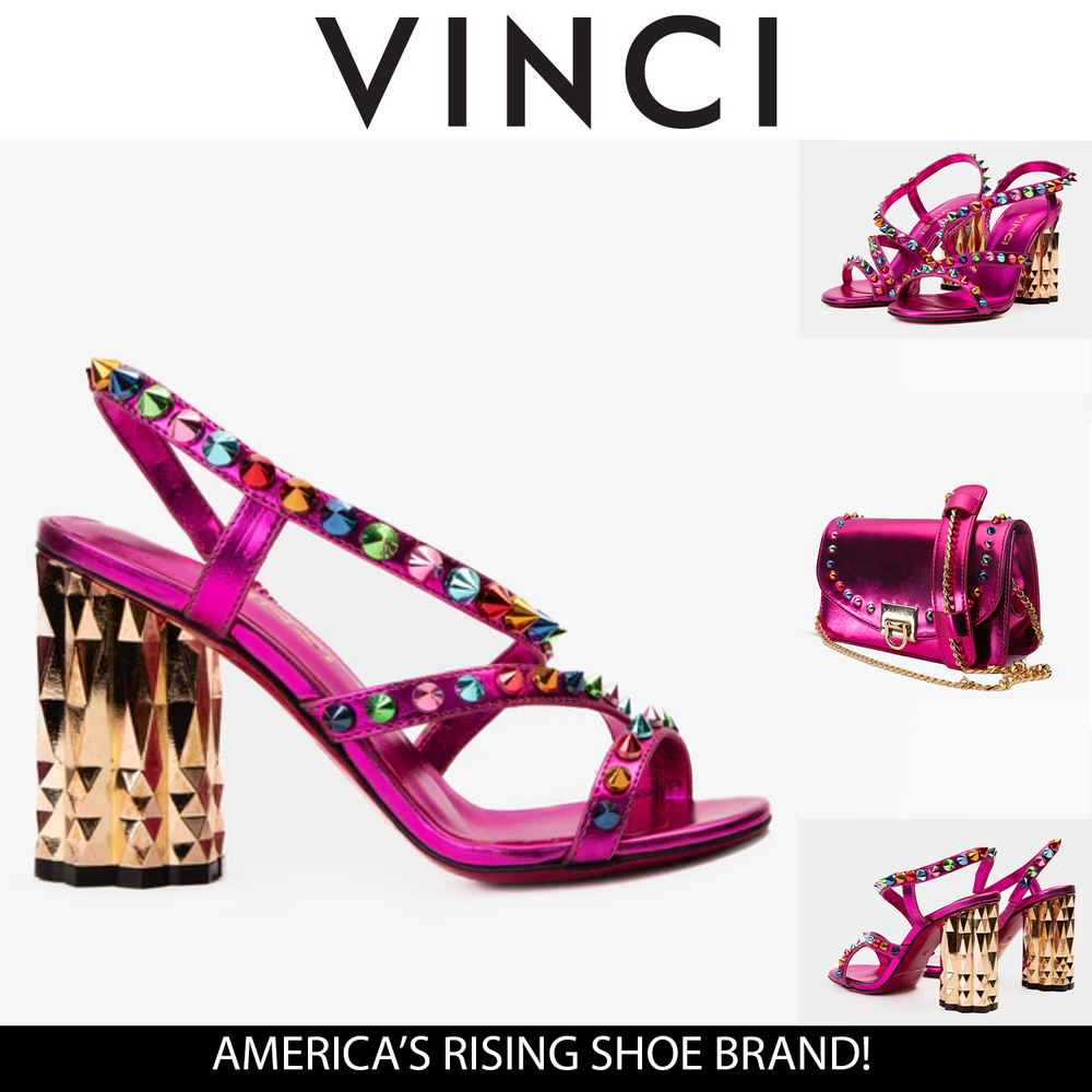 The Caris Fuchsia Block Heel Spike Leather Sandal Final Sale! - Vinci Leather