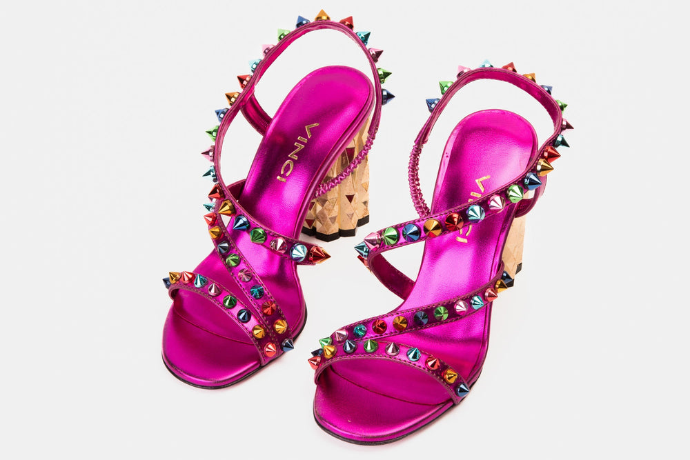 The Caris Fuchsia Block Heel Spike Leather Sandal Final Sale! - Vinci Leather