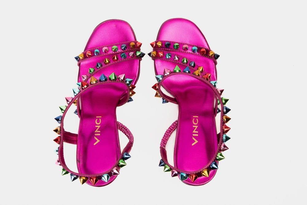 The Caris Fuchsia Block Heel Spike Leather Sandal Final Sale! - Vinci Leather