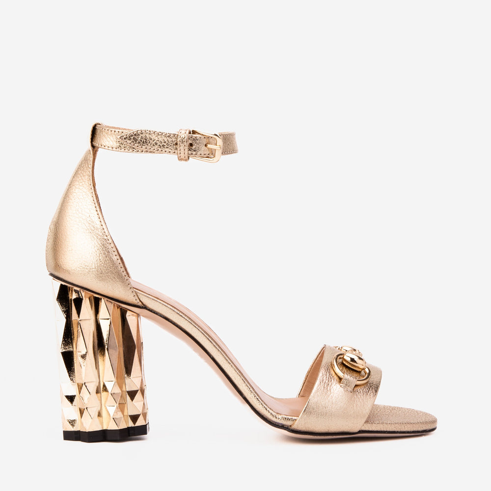 The Avlonya Block Heel Gold Leather Ankle Strap Sandal - Vinci Leather