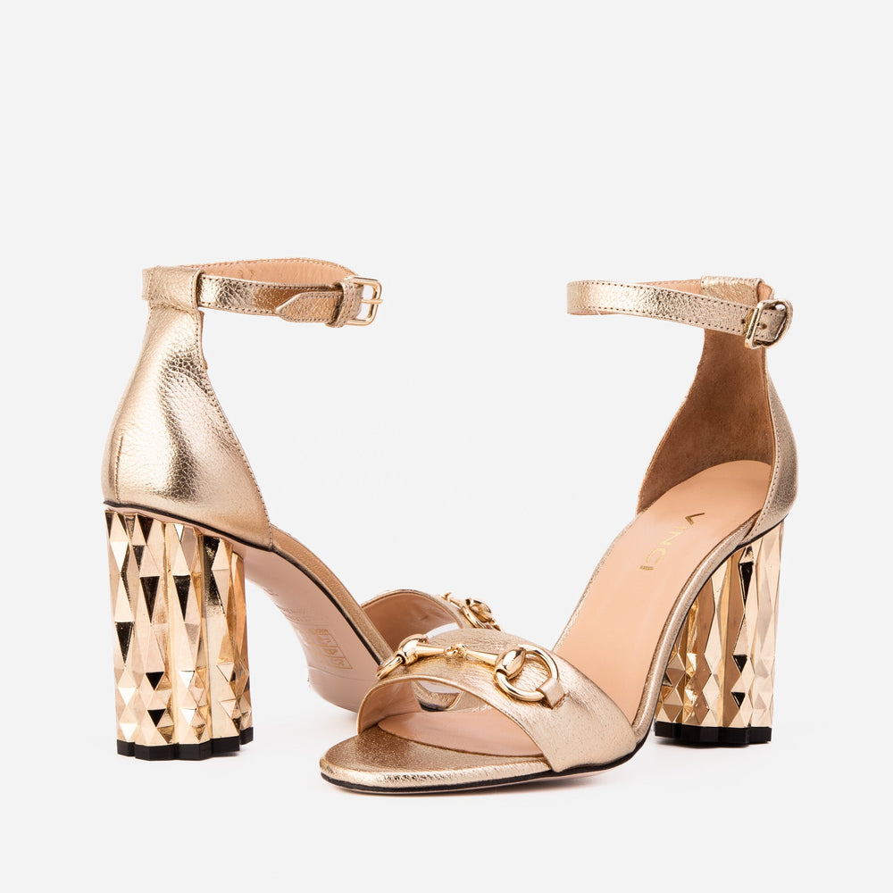 The Avlonya Block Heel Gold Leather Ankle Strap Sandal - Vinci Leather
