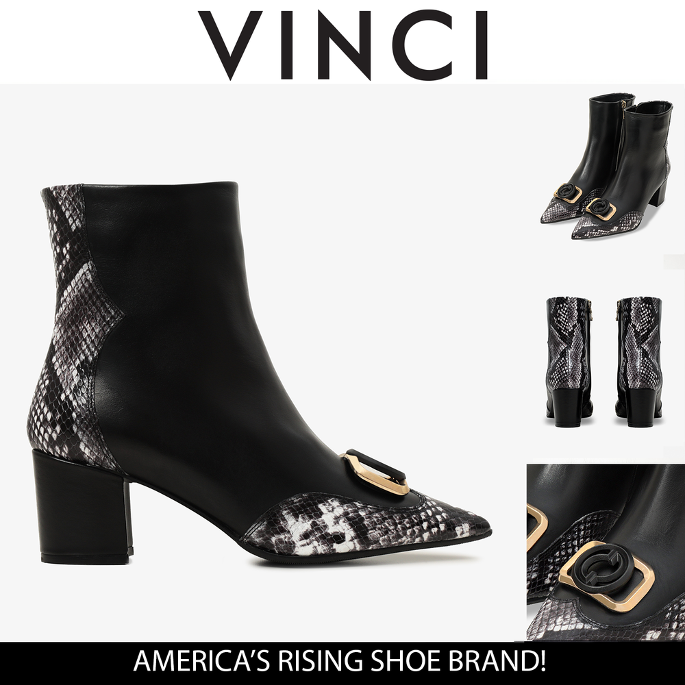 The Gray Black White Leather Block Heel Boot - Vinci Leather