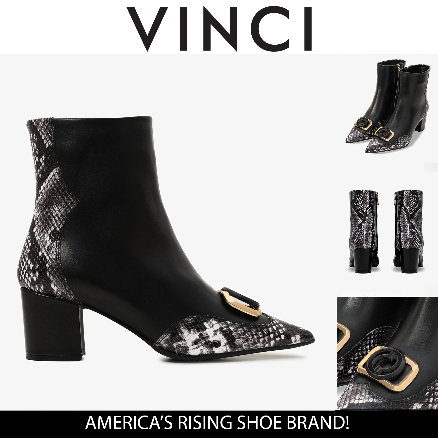 The Gray Black White Leather Block Heel Boot - Vinci Leather