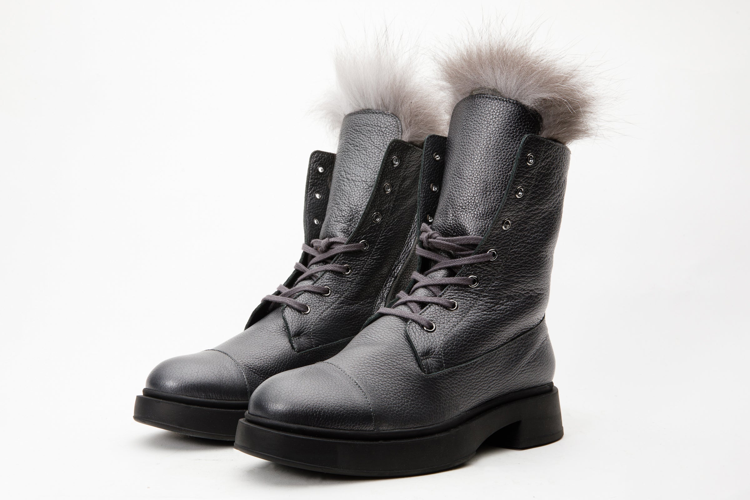 The Kajapati Grey Leather Natural Fur Mid Calf Boot - Vinci Leather