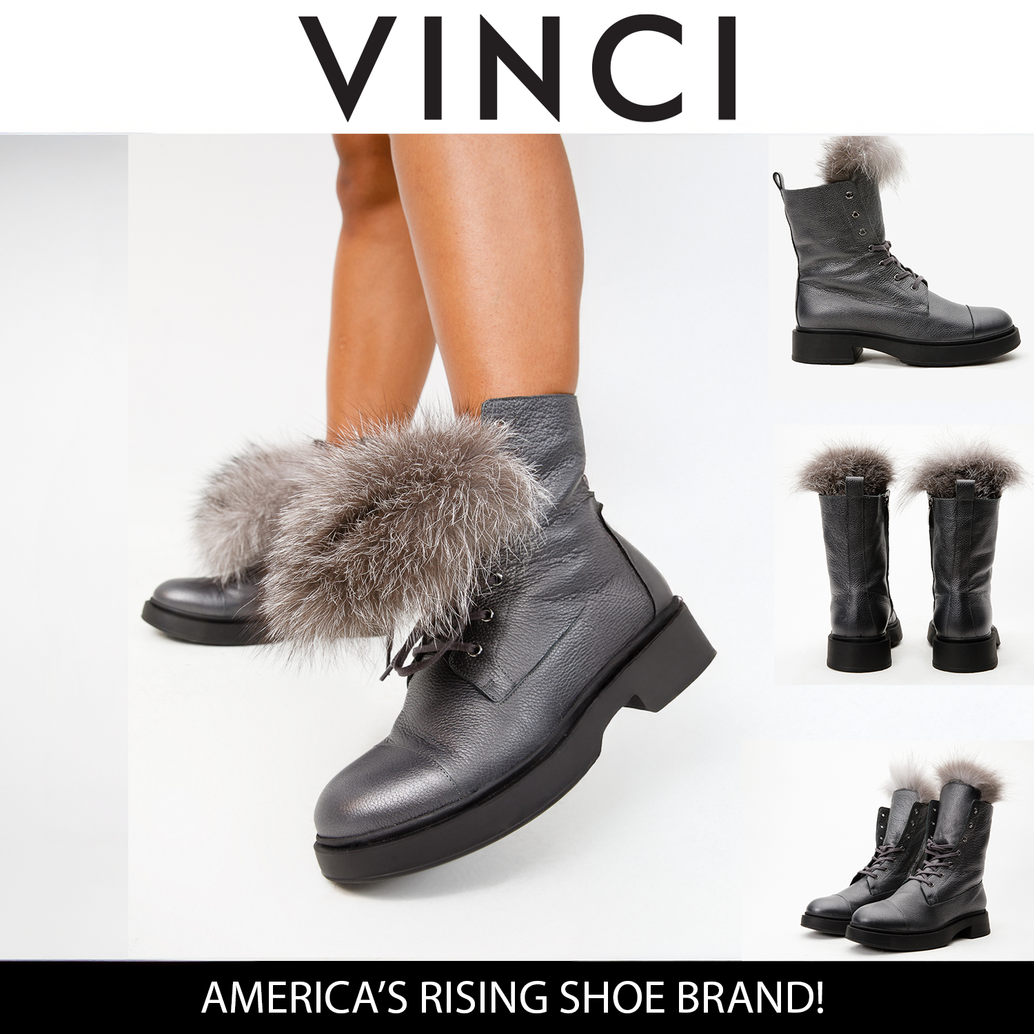 The Kajapati Grey Leather Natural Fur Mid Calf Boot - Vinci Leather
