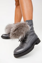 The Kajapati Grey Leather Natural Fur Mid Calf Boot - Vinci Leather