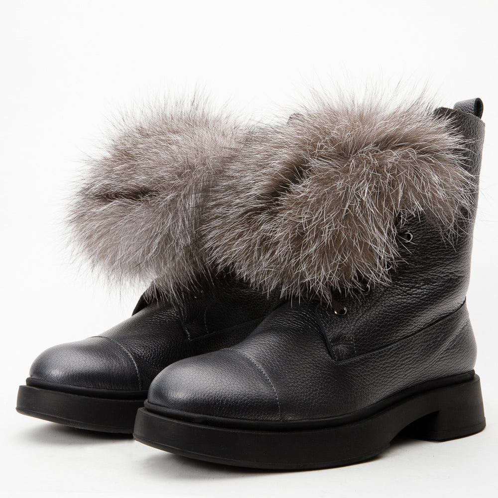 The Kajapati Grey Leather Natural Fur Mid Calf Boot - Vinci Leather