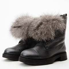 The Kajapati Grey Leather Natural Fur Mid Calf Boot - Vinci Leather