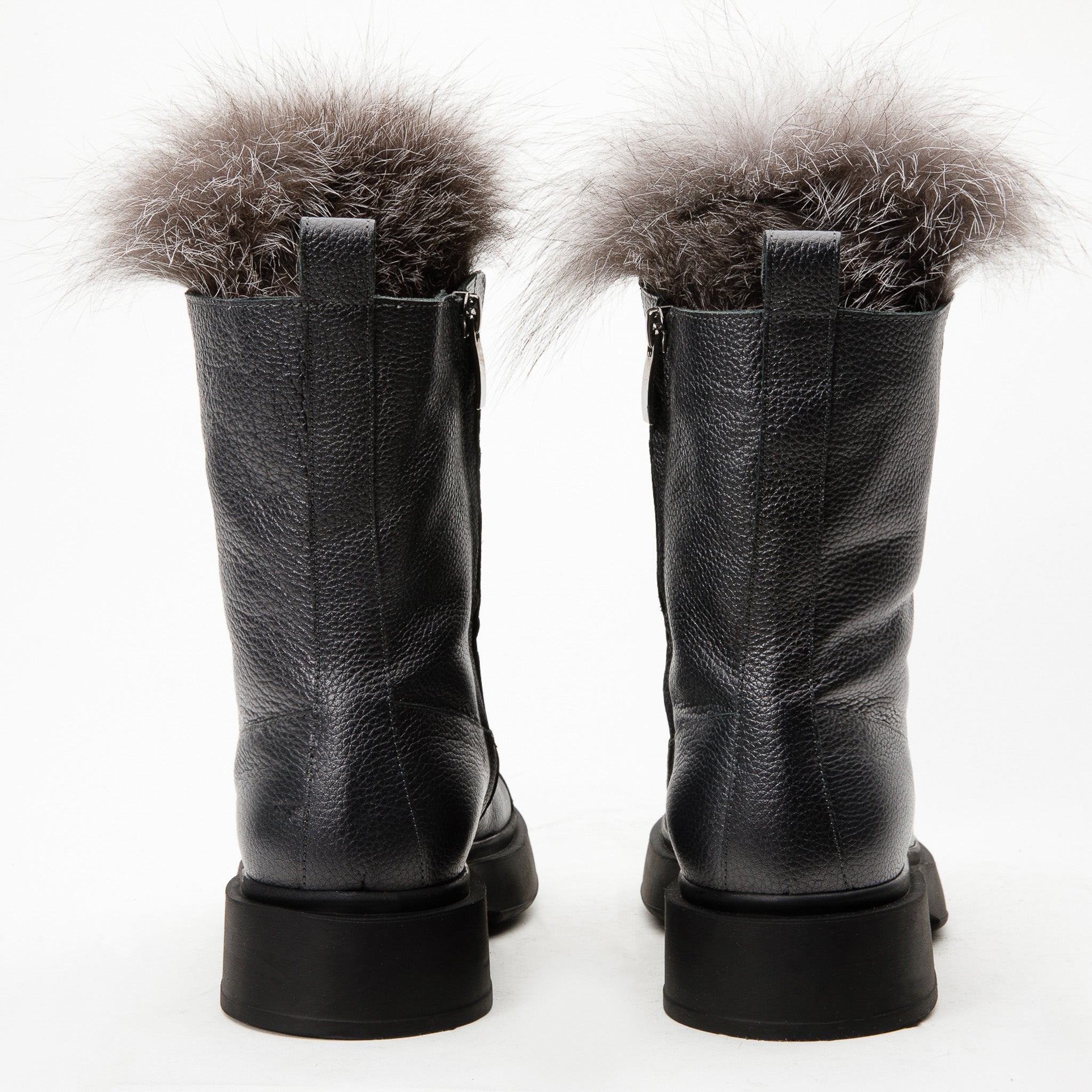 The Kajapati Grey Leather Natural Fur Mid Calf Boot - Vinci Leather