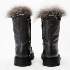 The Kajapati Grey Leather Natural Fur Mid Calf Boot - Vinci Leather