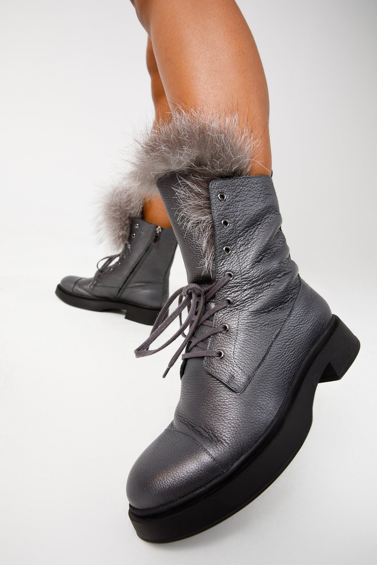 The Kajapati Grey Leather Natural Fur Mid Calf Boot - Vinci Leather