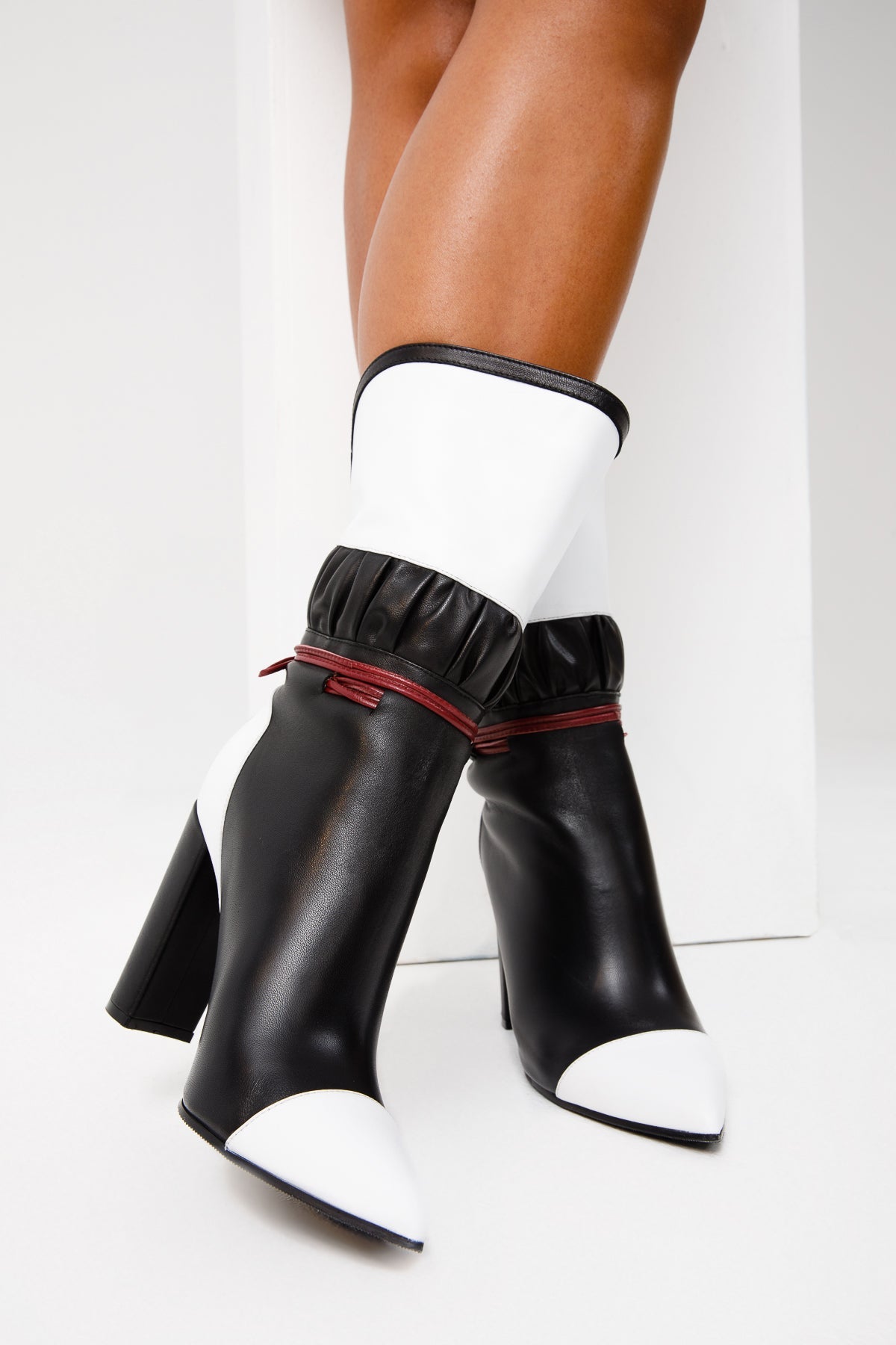 The Lucca Black White Leather Mid Calf High Heel Boot Limited Edition - Vinci Leather