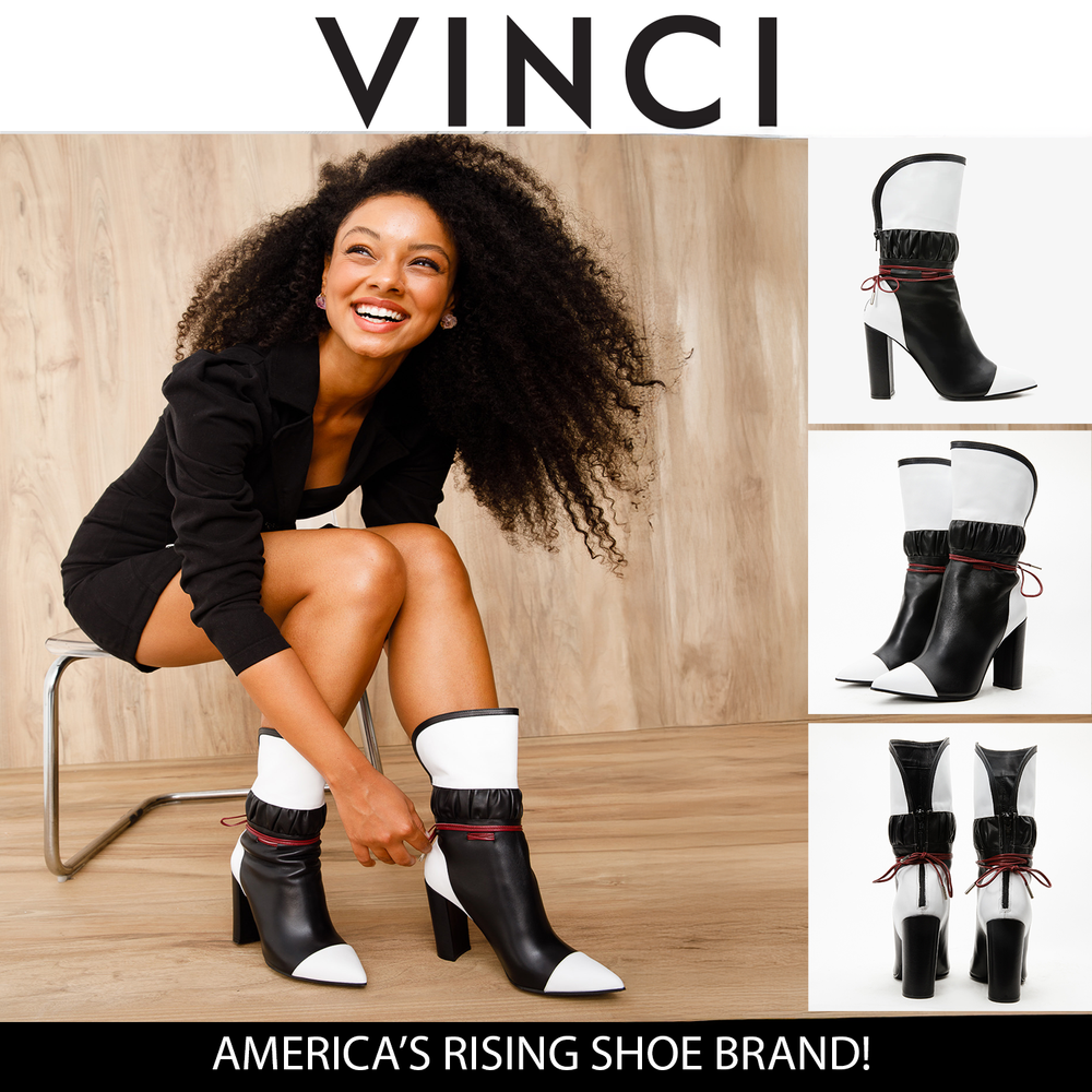 The Lucca Black White Leather Mid Calf High Heel Boot Limited Edition - Vinci Leather