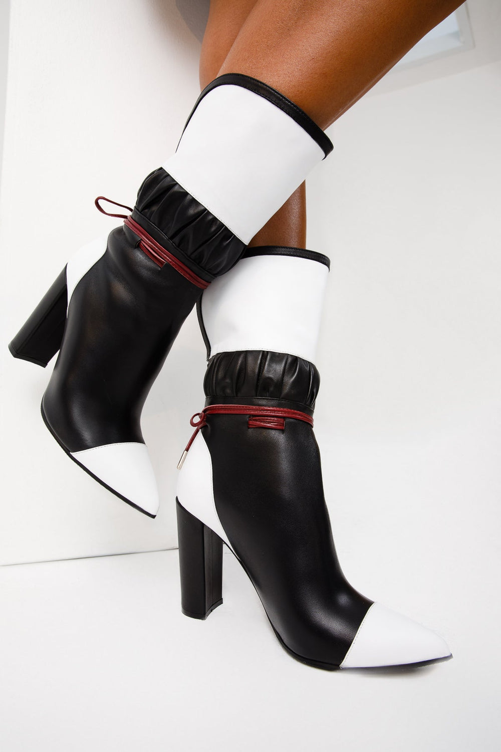 The Lucca Black White Leather Mid Calf High Heel Boot Limited Edition - Vinci Leather