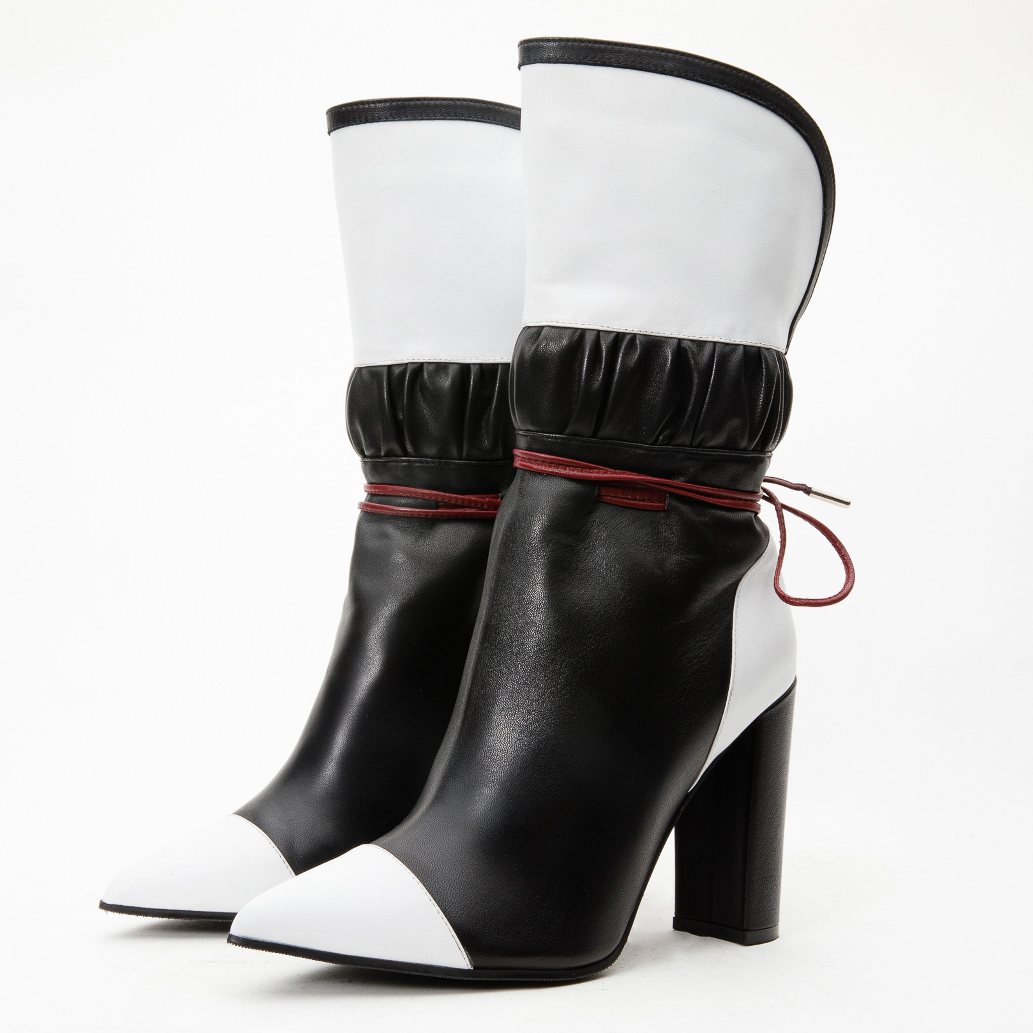 The Lucca Black White Leather Mid Calf High Heel Boot Limited Edition - Vinci Leather