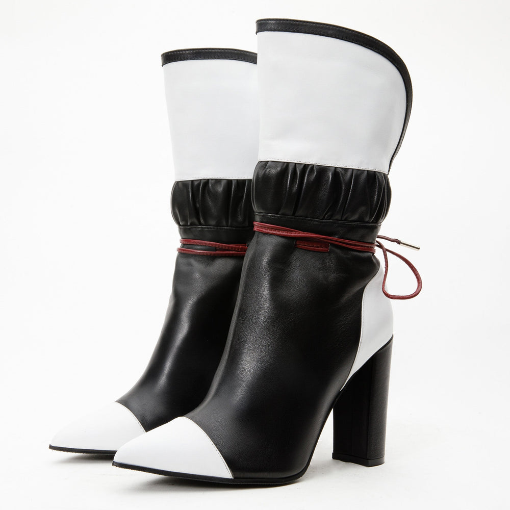 The Lucca Black White Leather Mid Calf High Heel Boot Limited Edition - Vinci Leather
