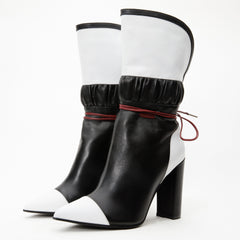 The Lucca Black White Leather Mid Calf High Heel Boot Limited Edition - Vinci Leather