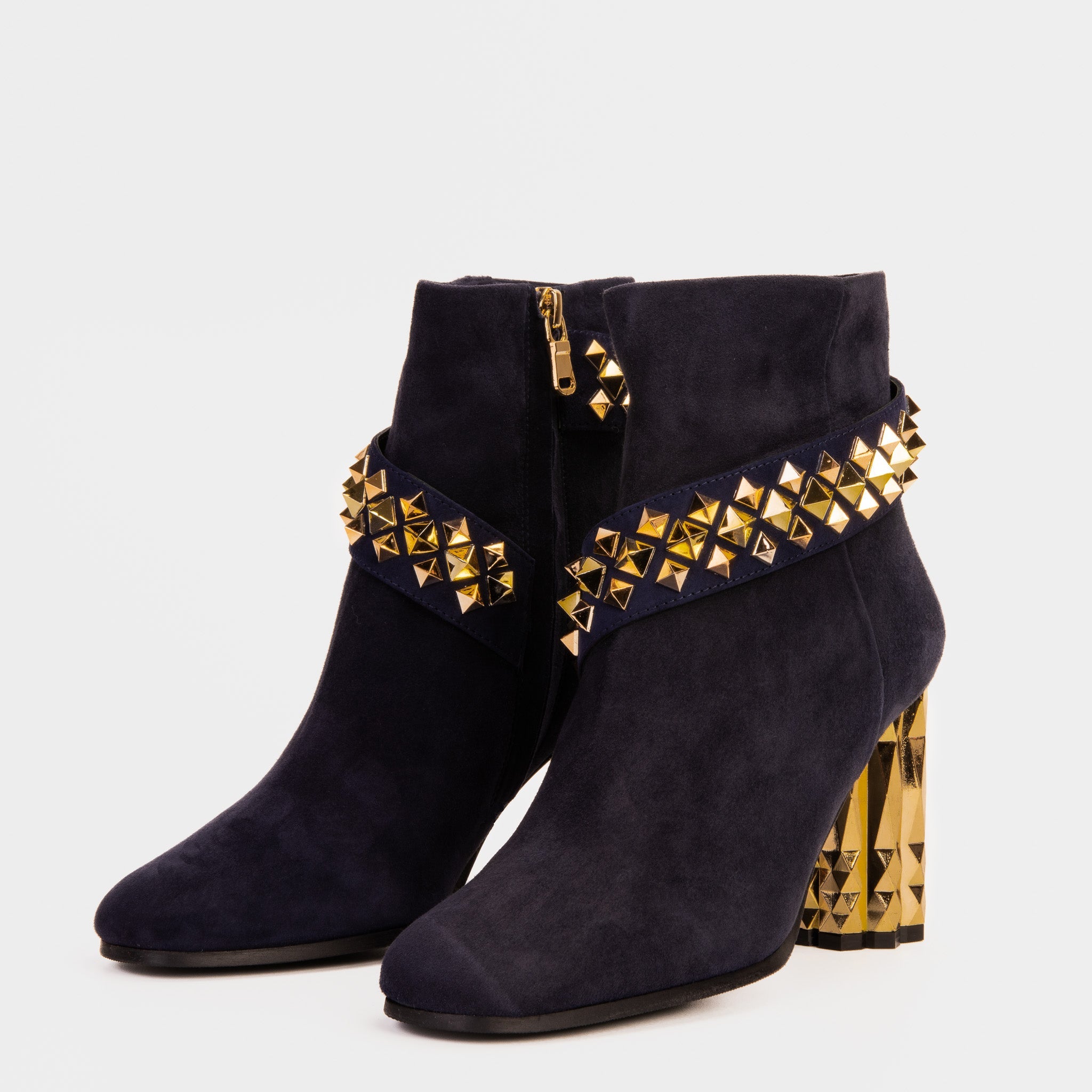 The Metal Navy Suede Leather Block Heel Boot - Vinci Leather