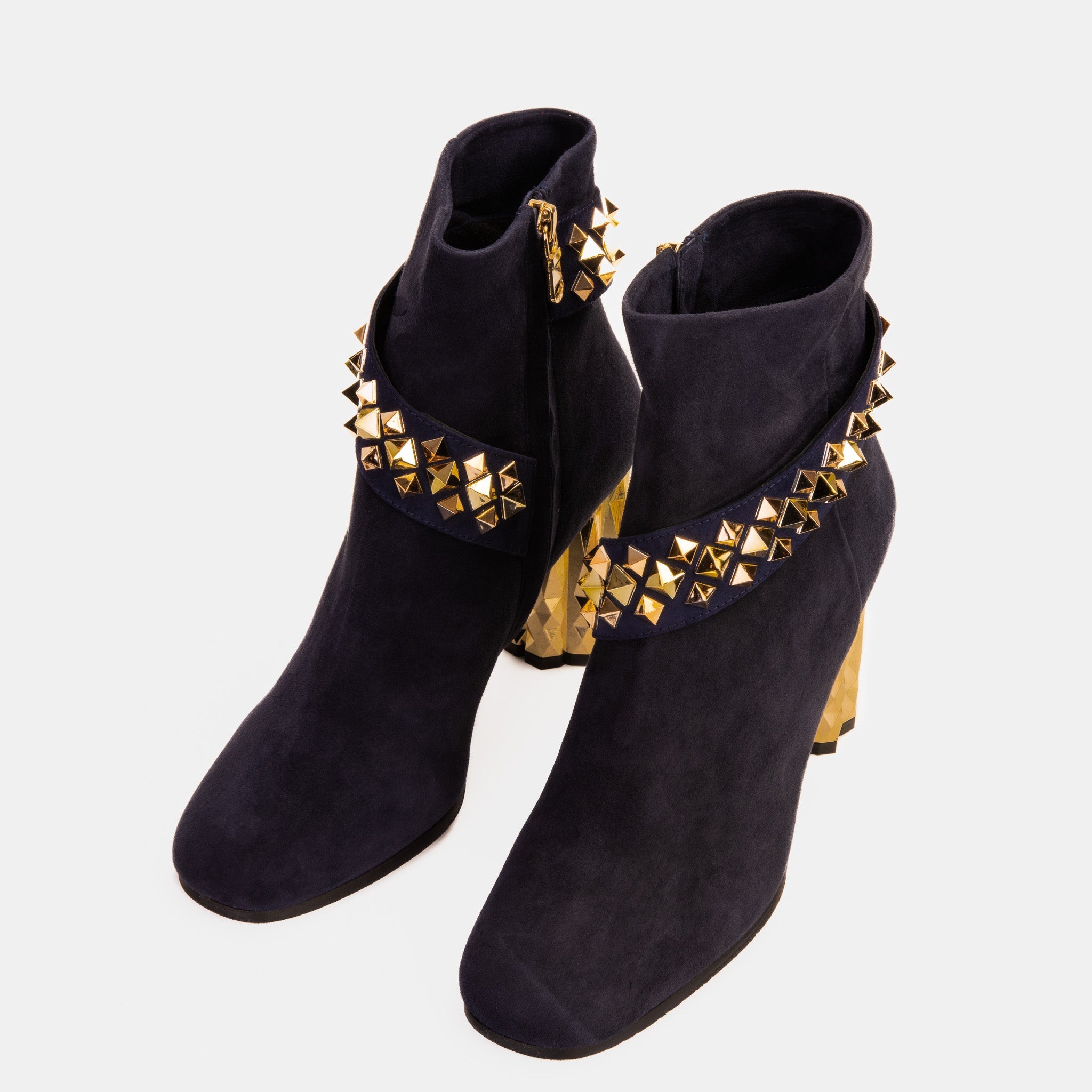 The Metal Navy Suede Leather Block Heel Boot - Vinci Leather
