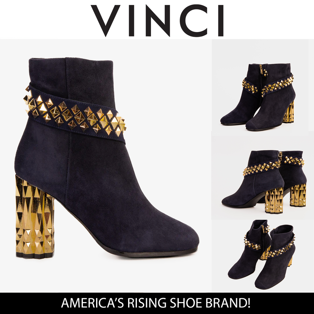 The Metal Navy Suede Leather Block Heel Boot - Vinci Leather