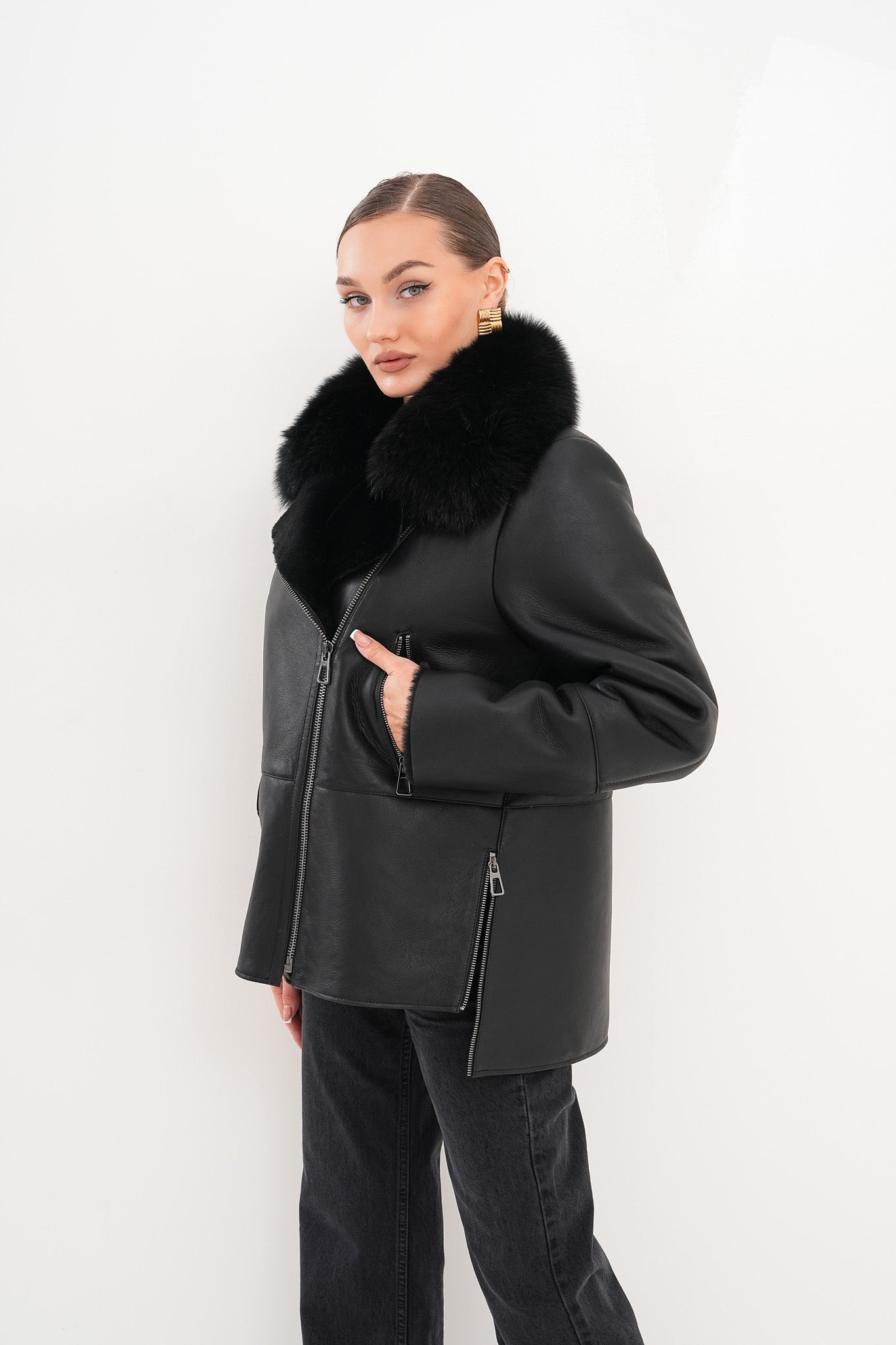 The Duchess Shearling Black Leather Jacket - Vinci Leather