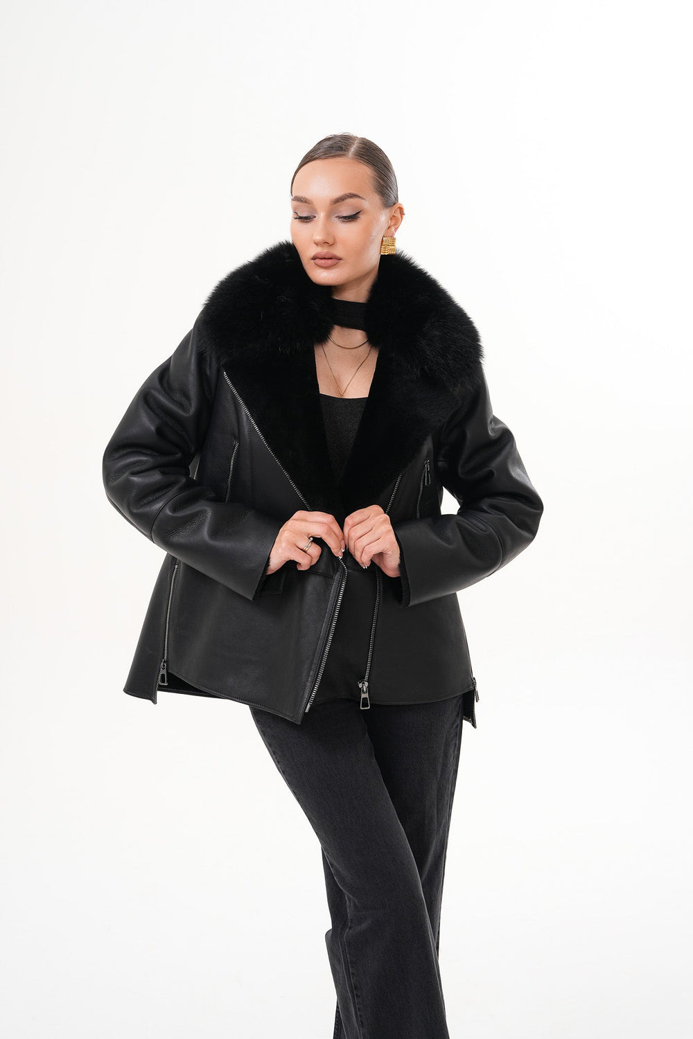 The Duchess Shearling Black Leather Jacket - Vinci Leather