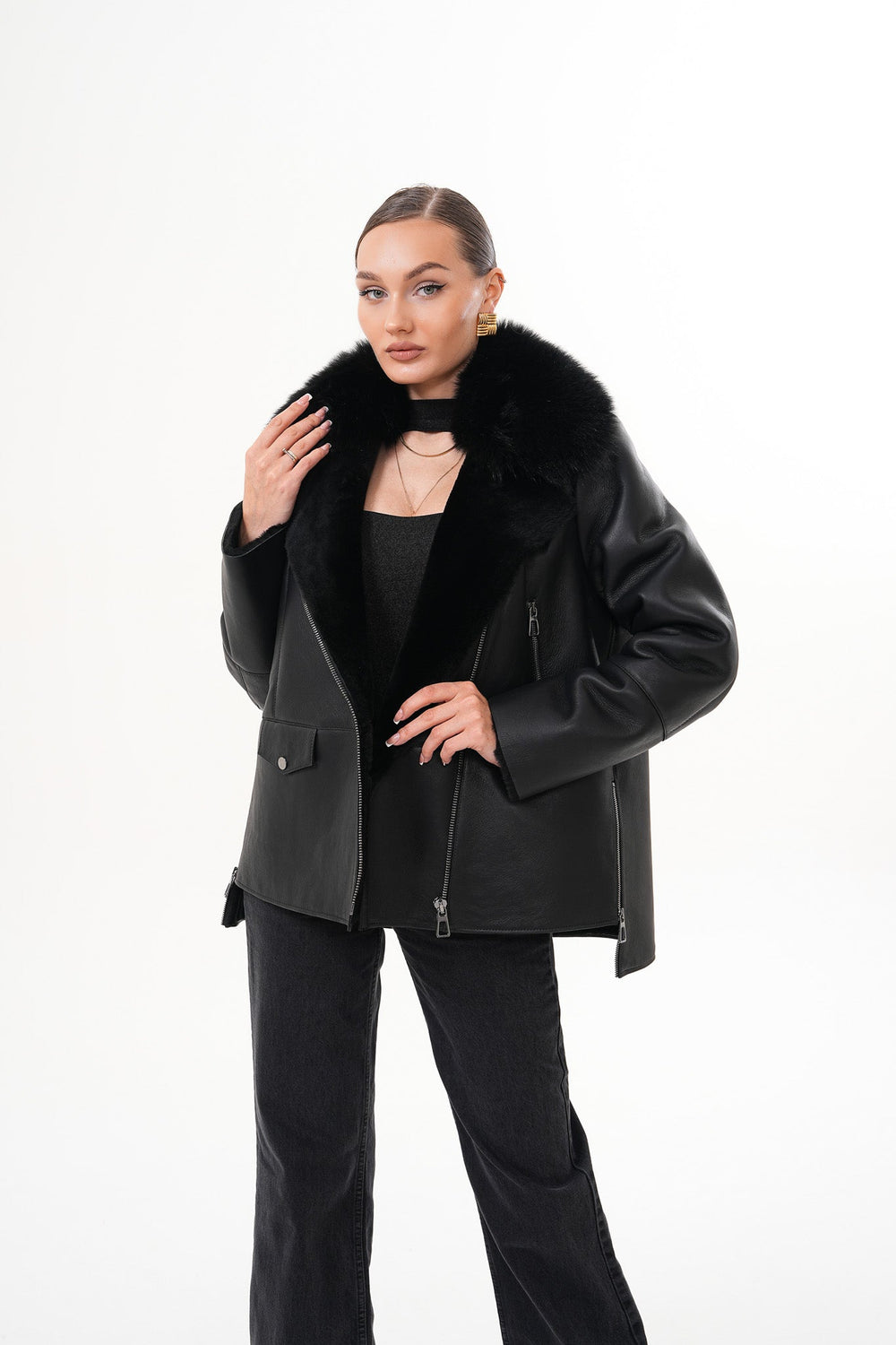 The Duchess Shearling Black Leather Jacket - Vinci Leather