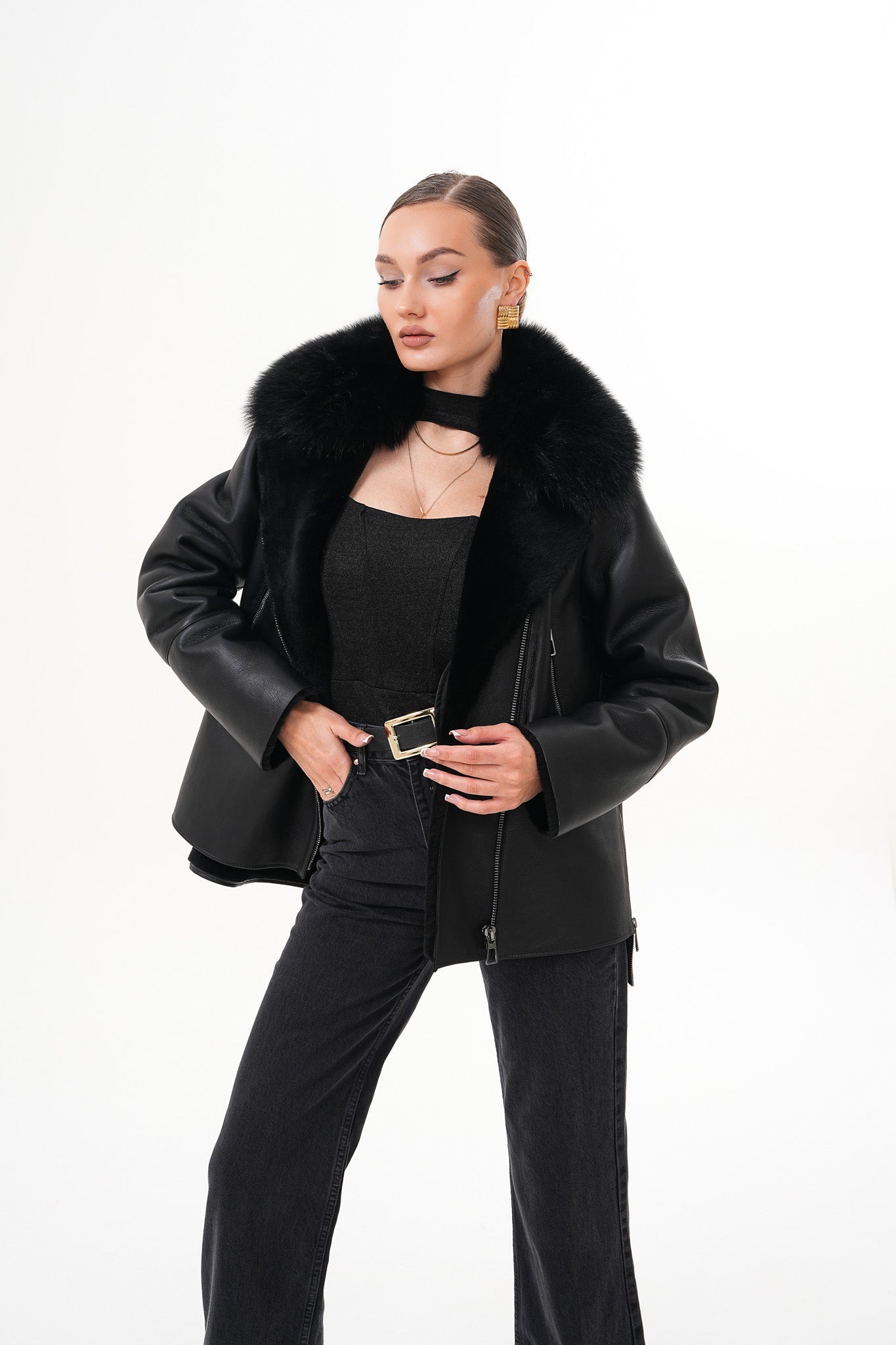 The Duchess Shearling Black Leather Jacket - Vinci Leather