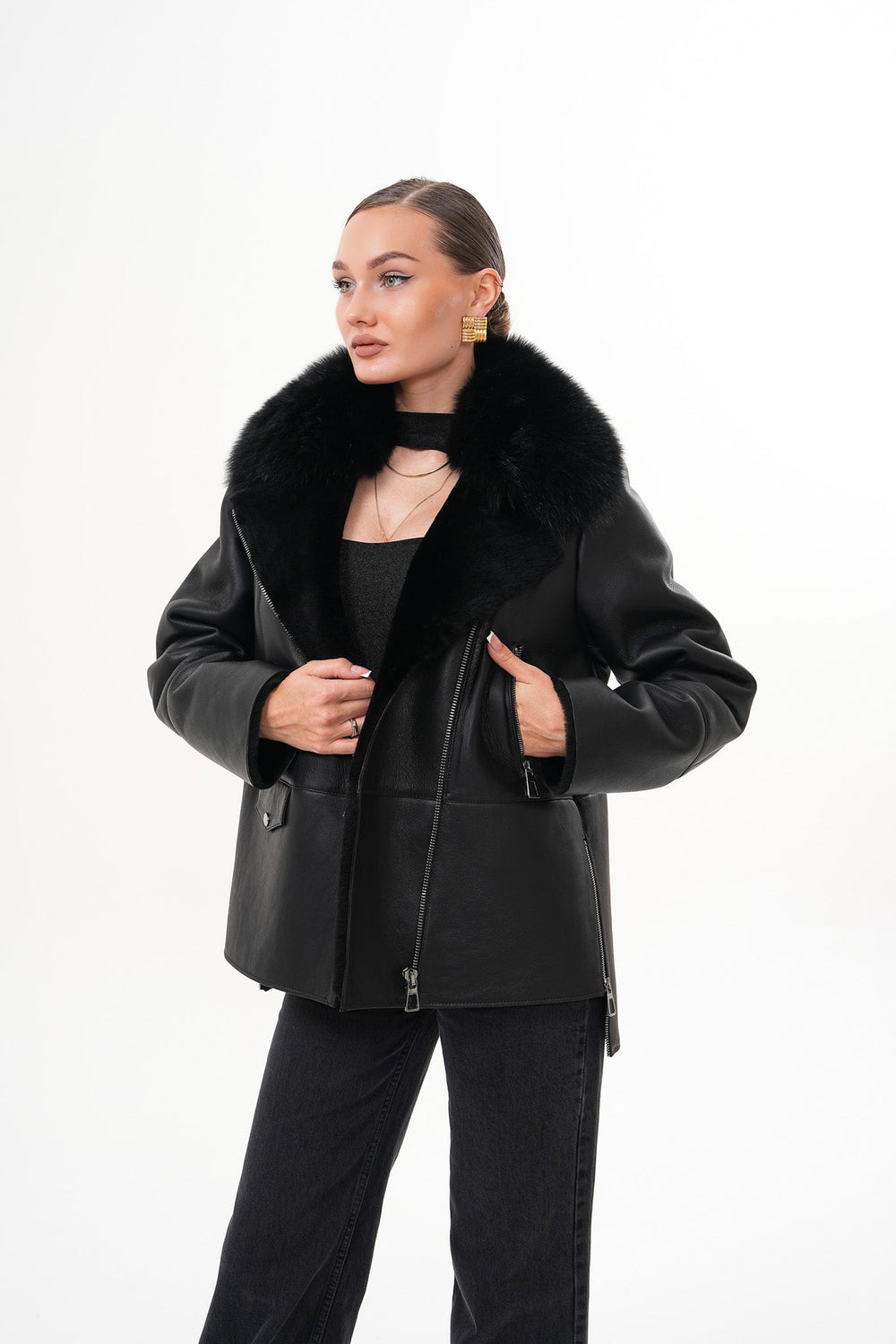 The Duchess Shearling Black Leather Jacket - Vinci Leather