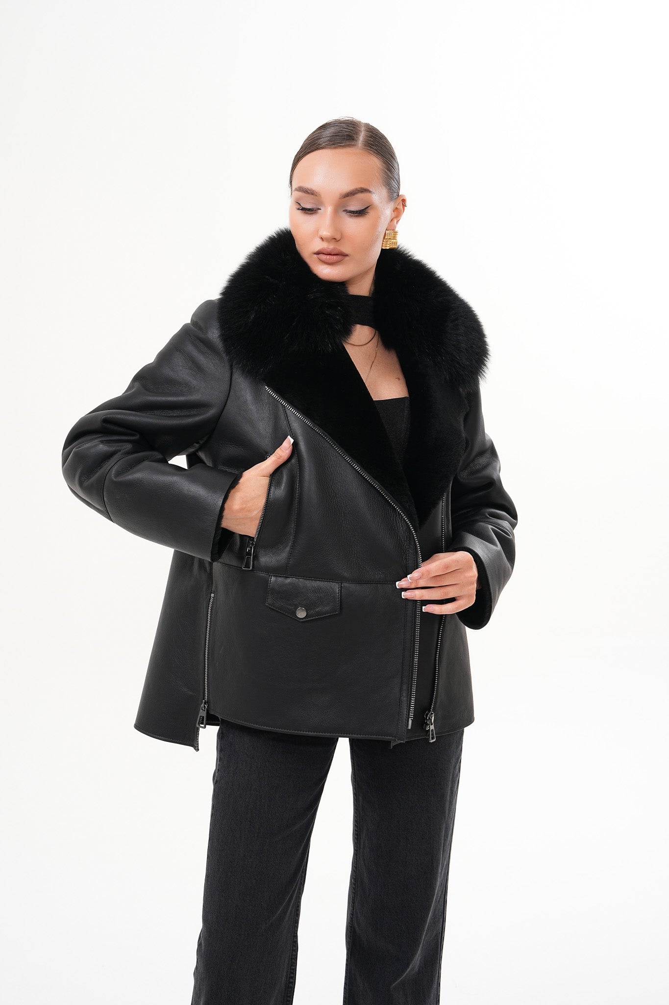 The Duchess Shearling Black Leather Jacket - Vinci Leather