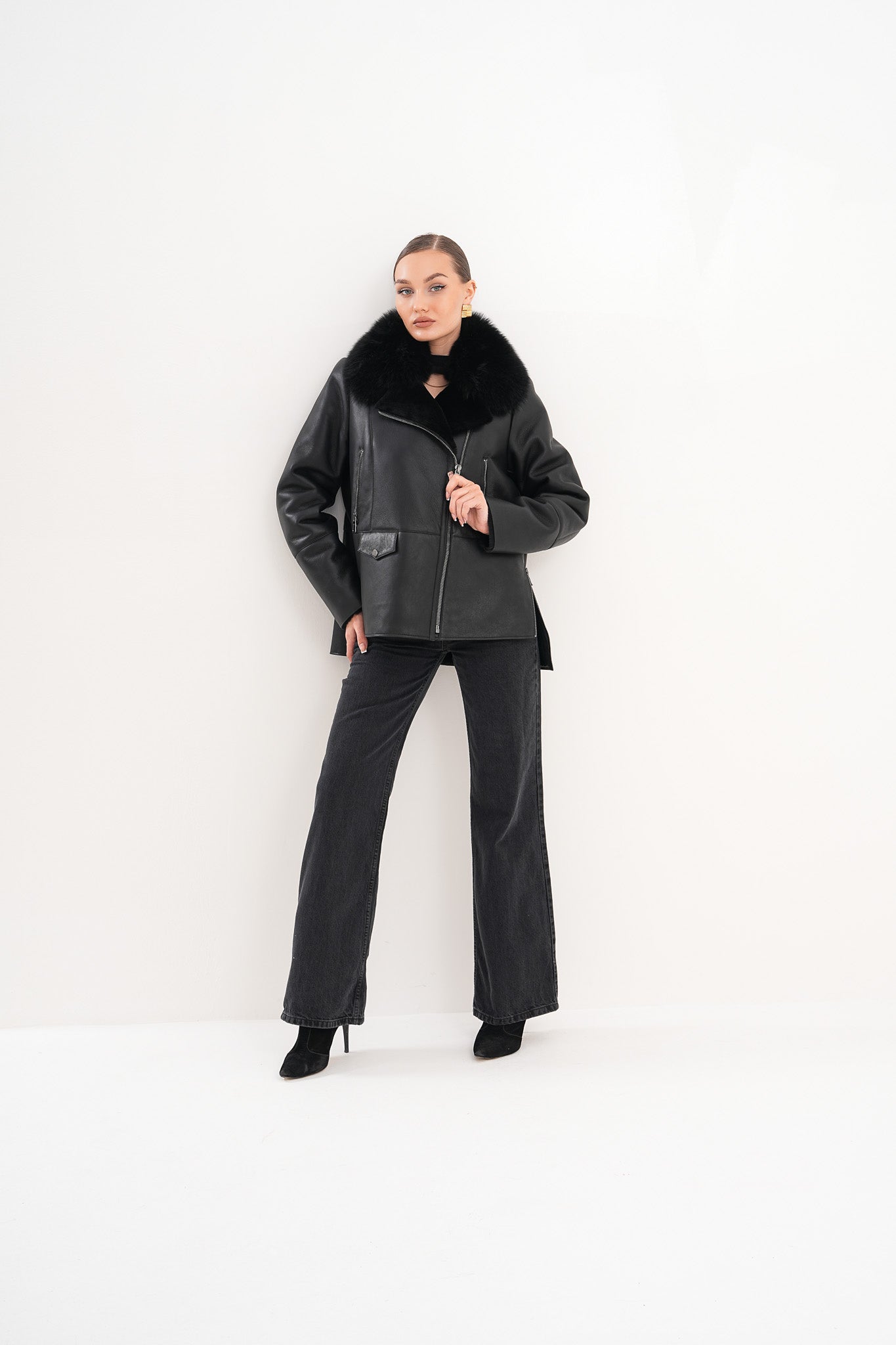 The Duchess Shearling Black Leather Jacket - Vinci Leather