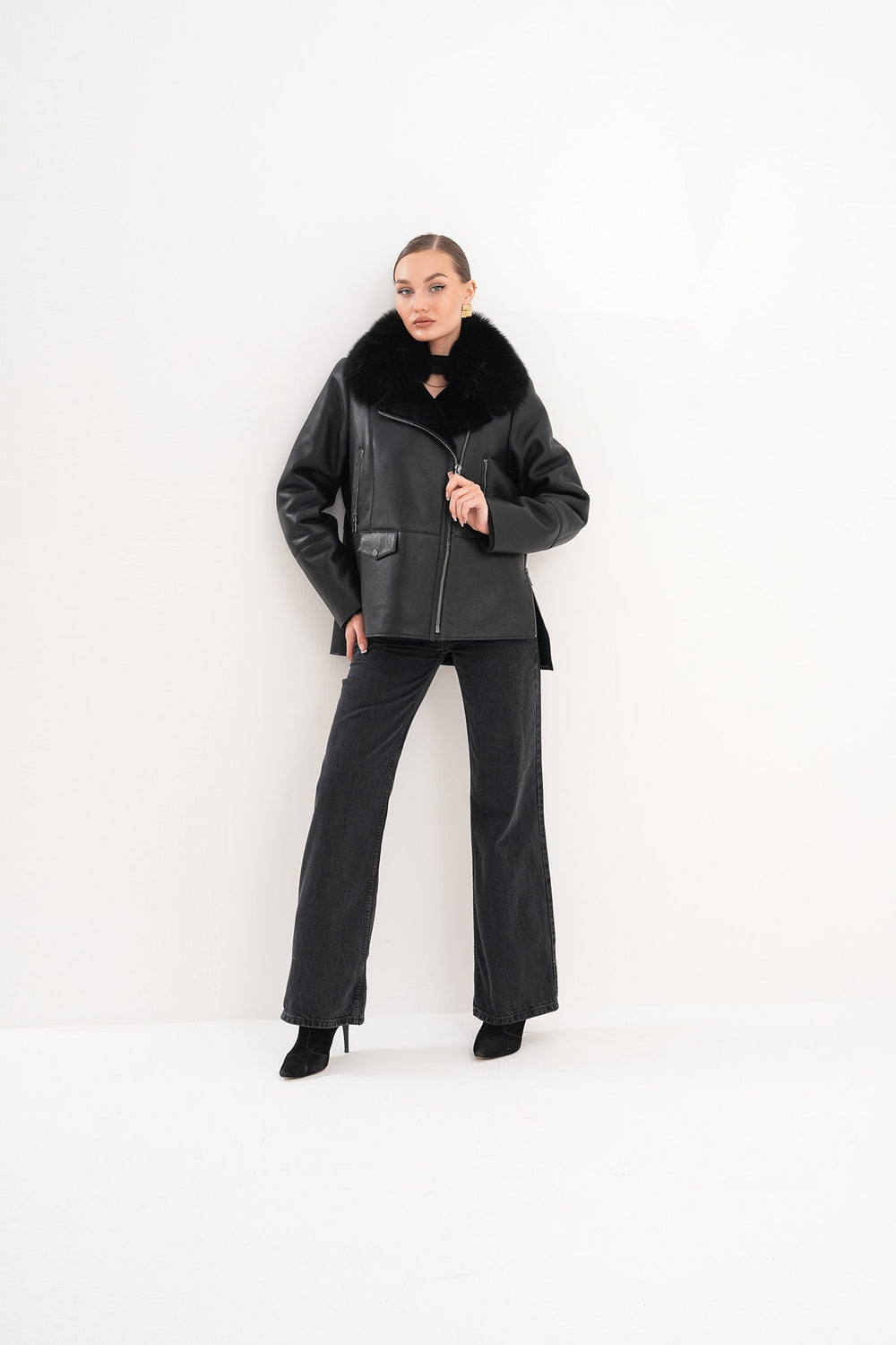 The Duchess Shearling Black Leather Jacket - Vinci Leather
