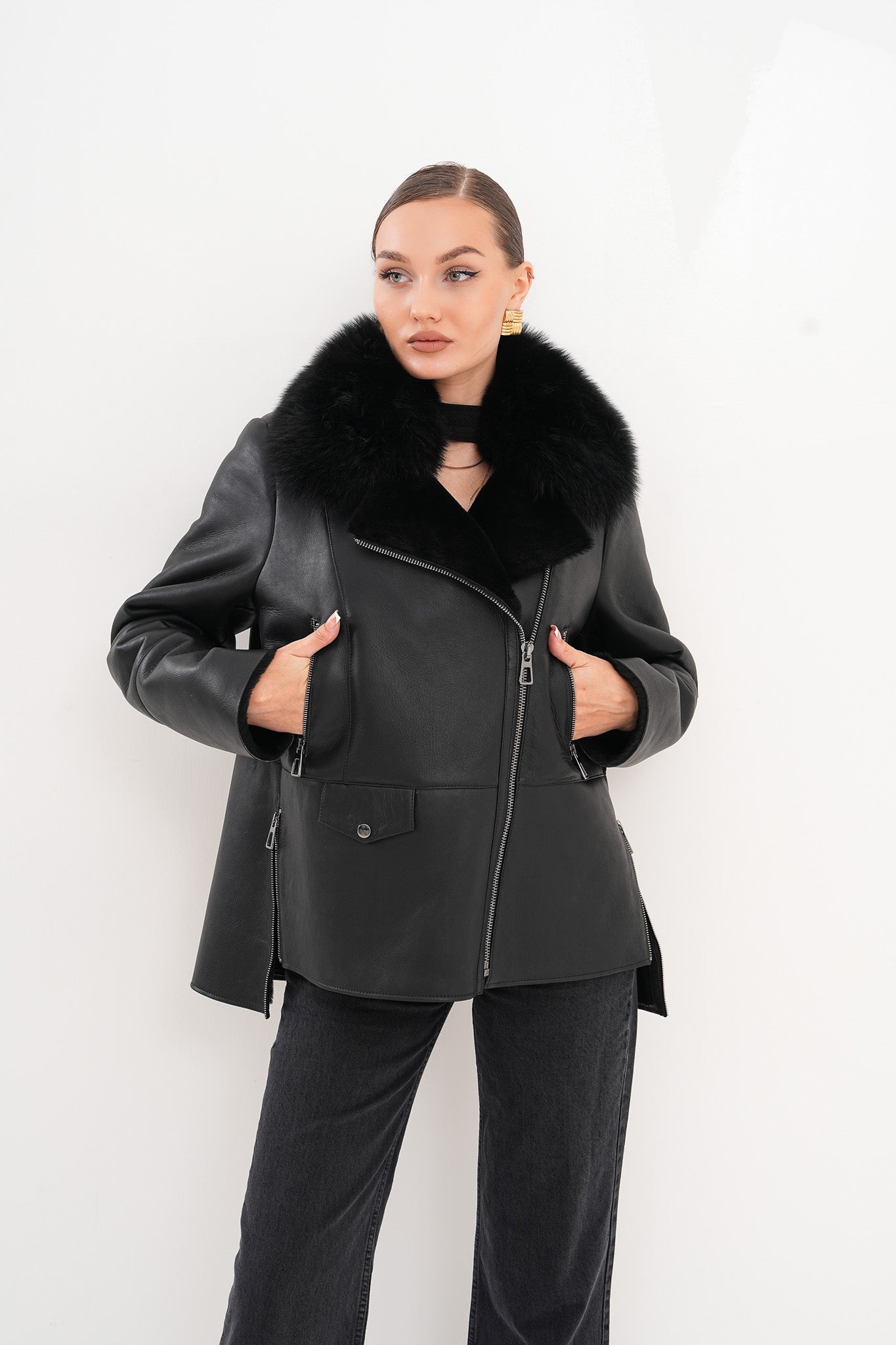 The Duchess Shearling Black Leather Jacket - Vinci Leather