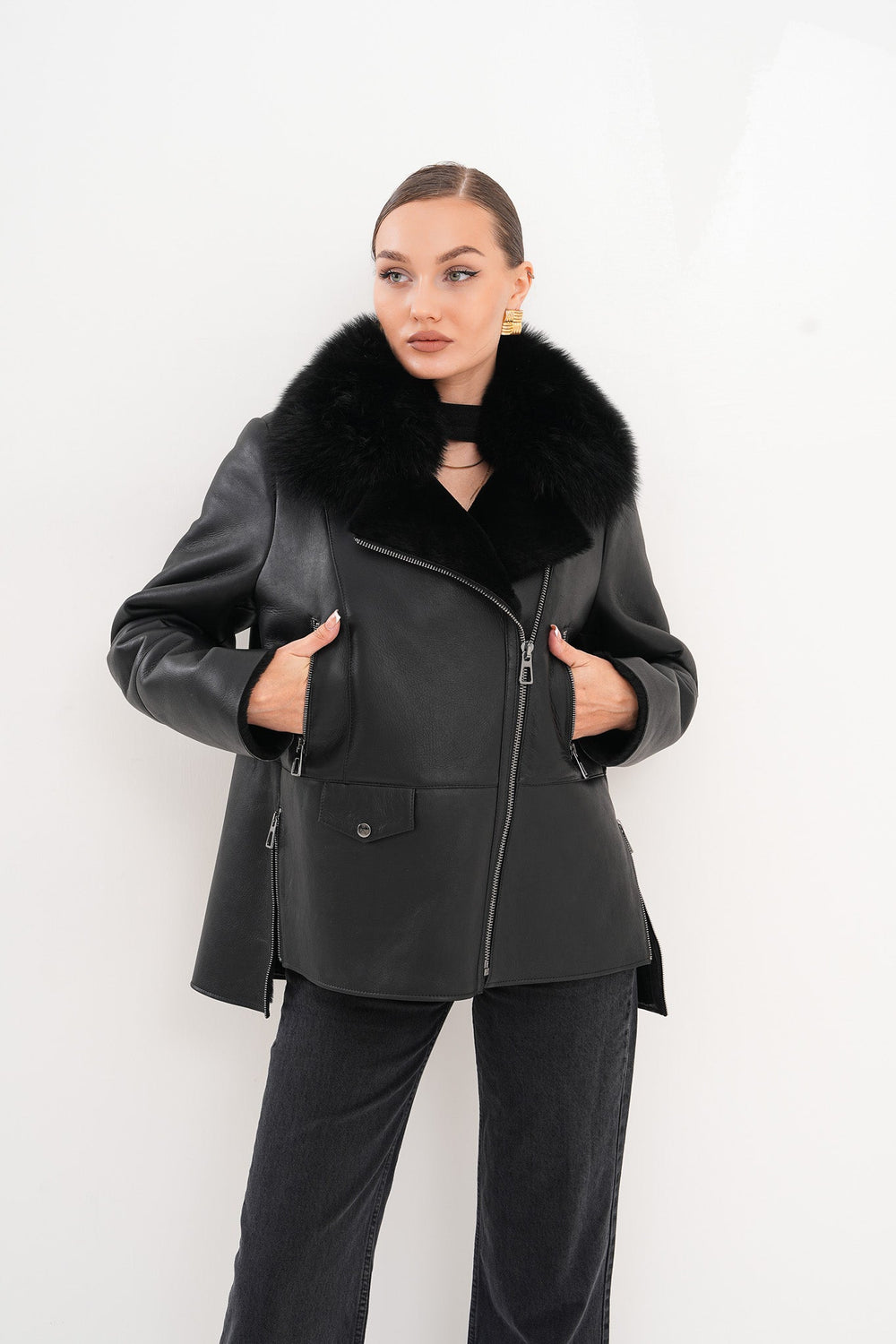 The Duchess Shearling Black Leather Jacket - Vinci Leather