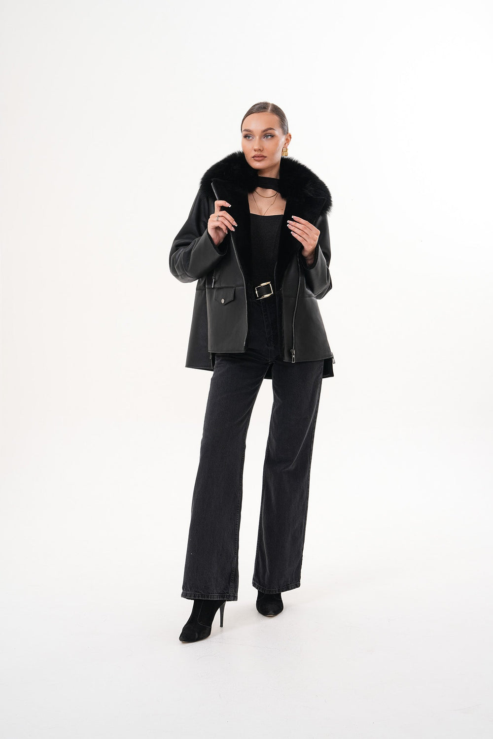 The Duchess Shearling Black Leather Jacket - Vinci Leather