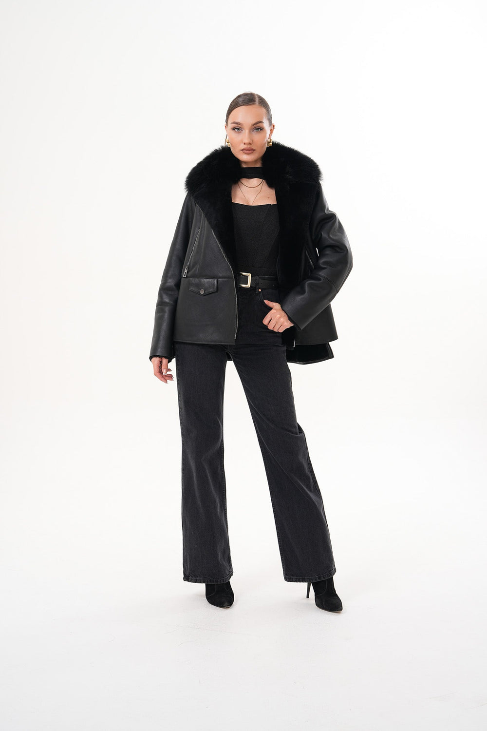 The Duchess Shearling Black Leather Jacket - Vinci Leather