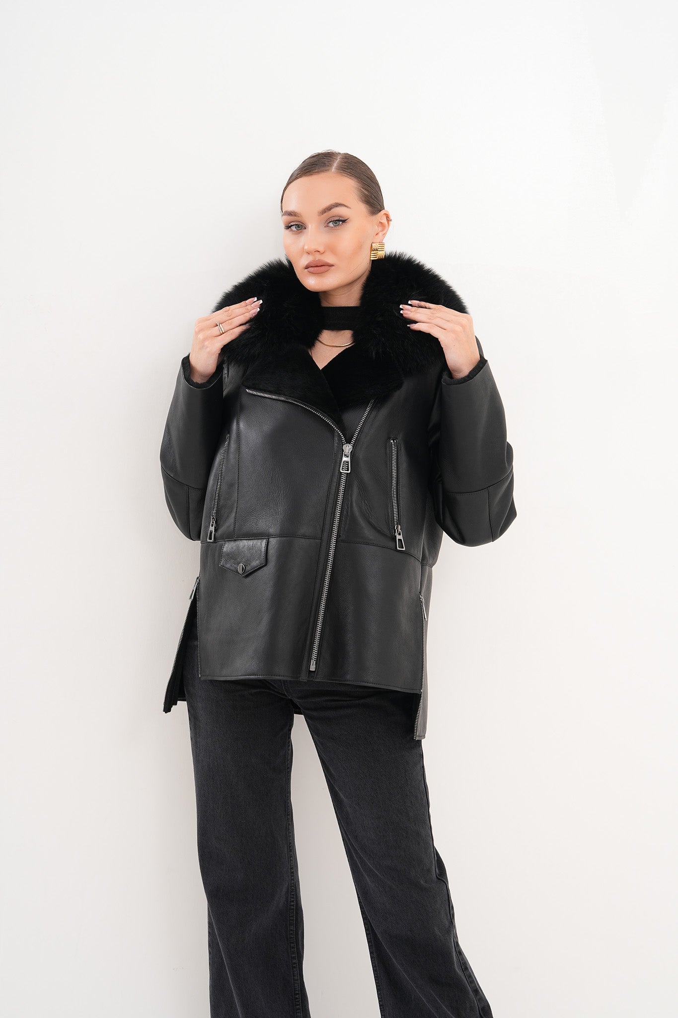 The Duchess Shearling Black Leather Jacket - Vinci Leather