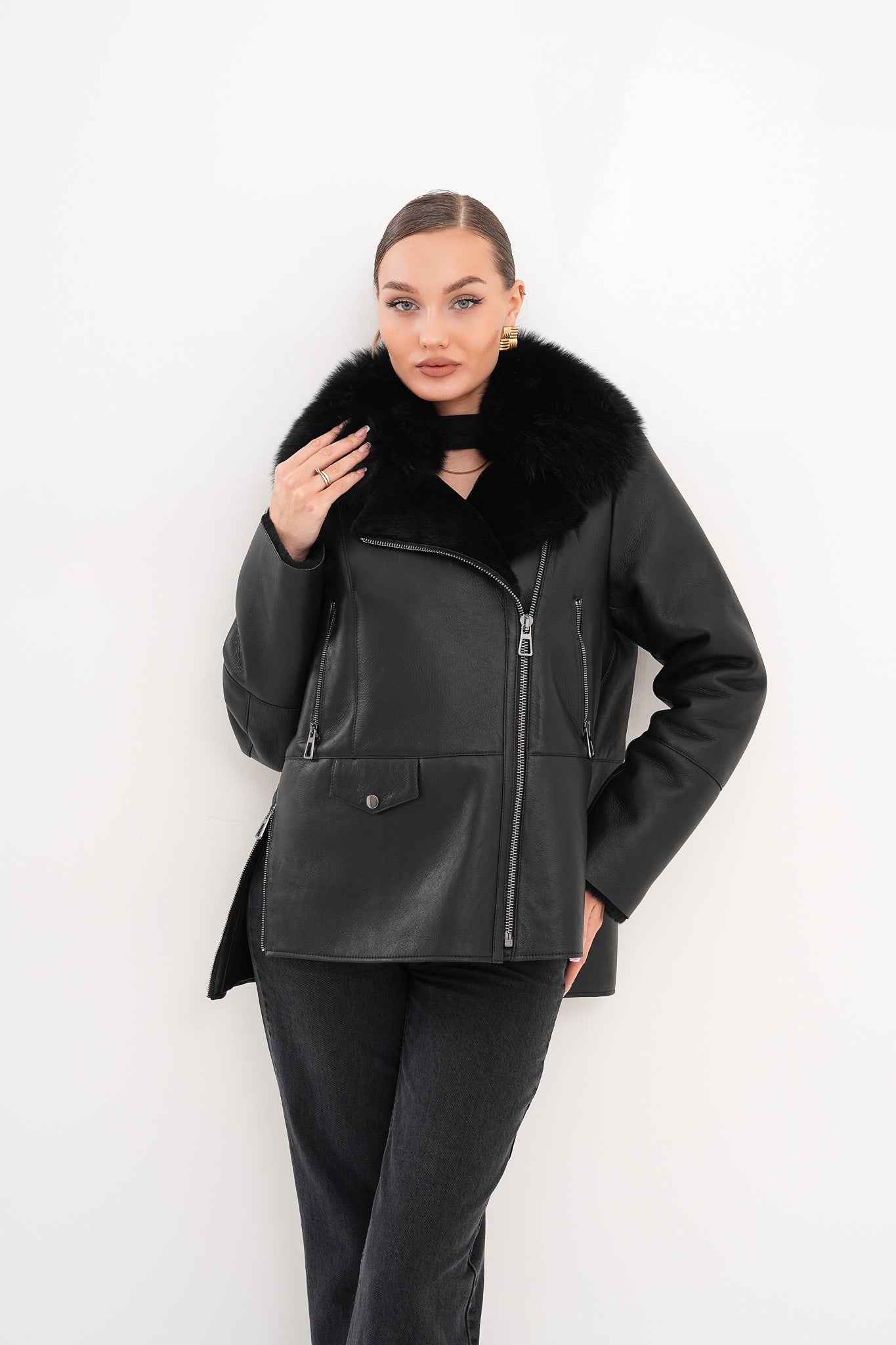 The Duchess Shearling Black Leather Jacket - Vinci Leather