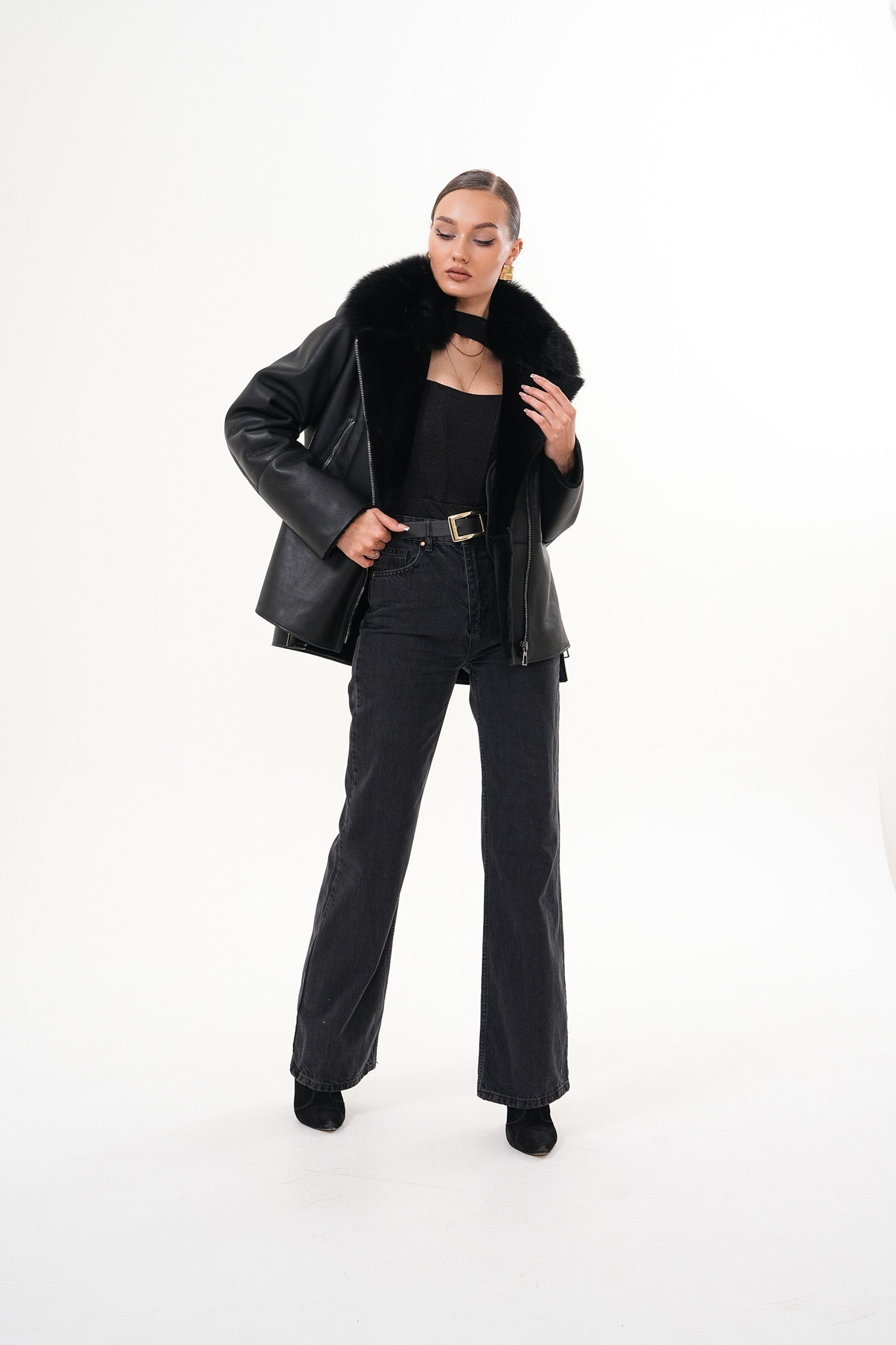 The Duchess Shearling Black Leather Jacket - Vinci Leather