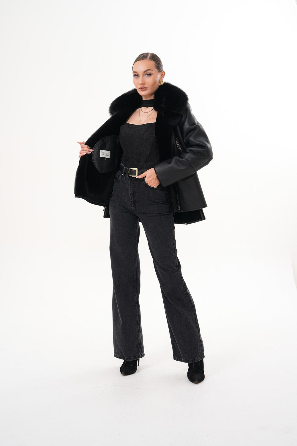 The Duchess Shearling Black Leather Jacket - Vinci Leather