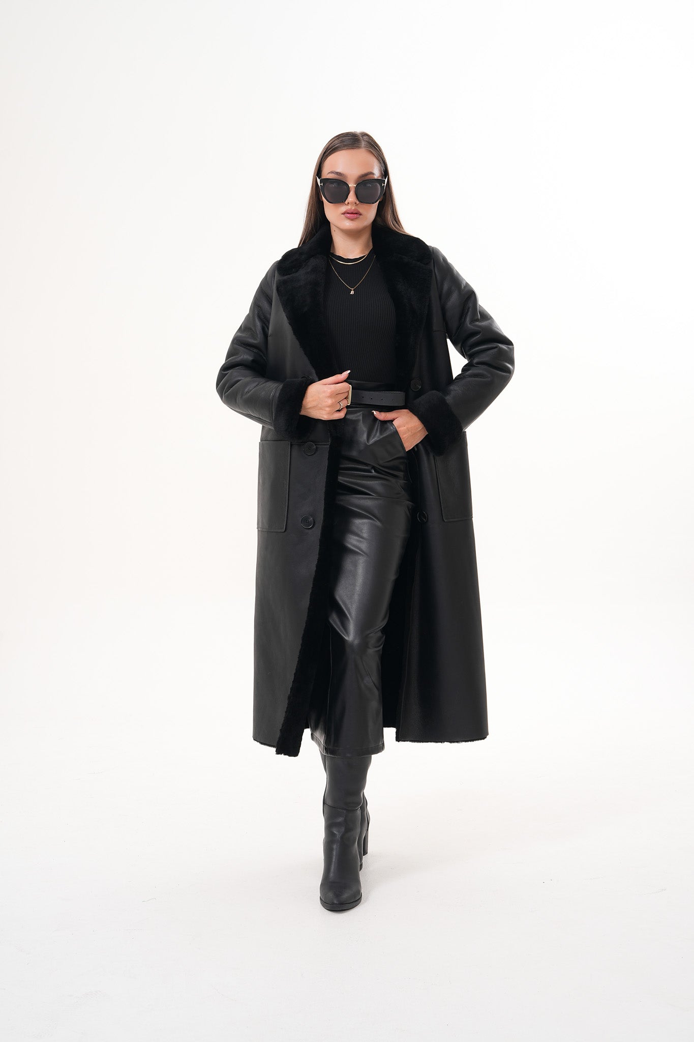 The Raven Long Shearling Black Leather Leather Jacket - Vinci Leather
