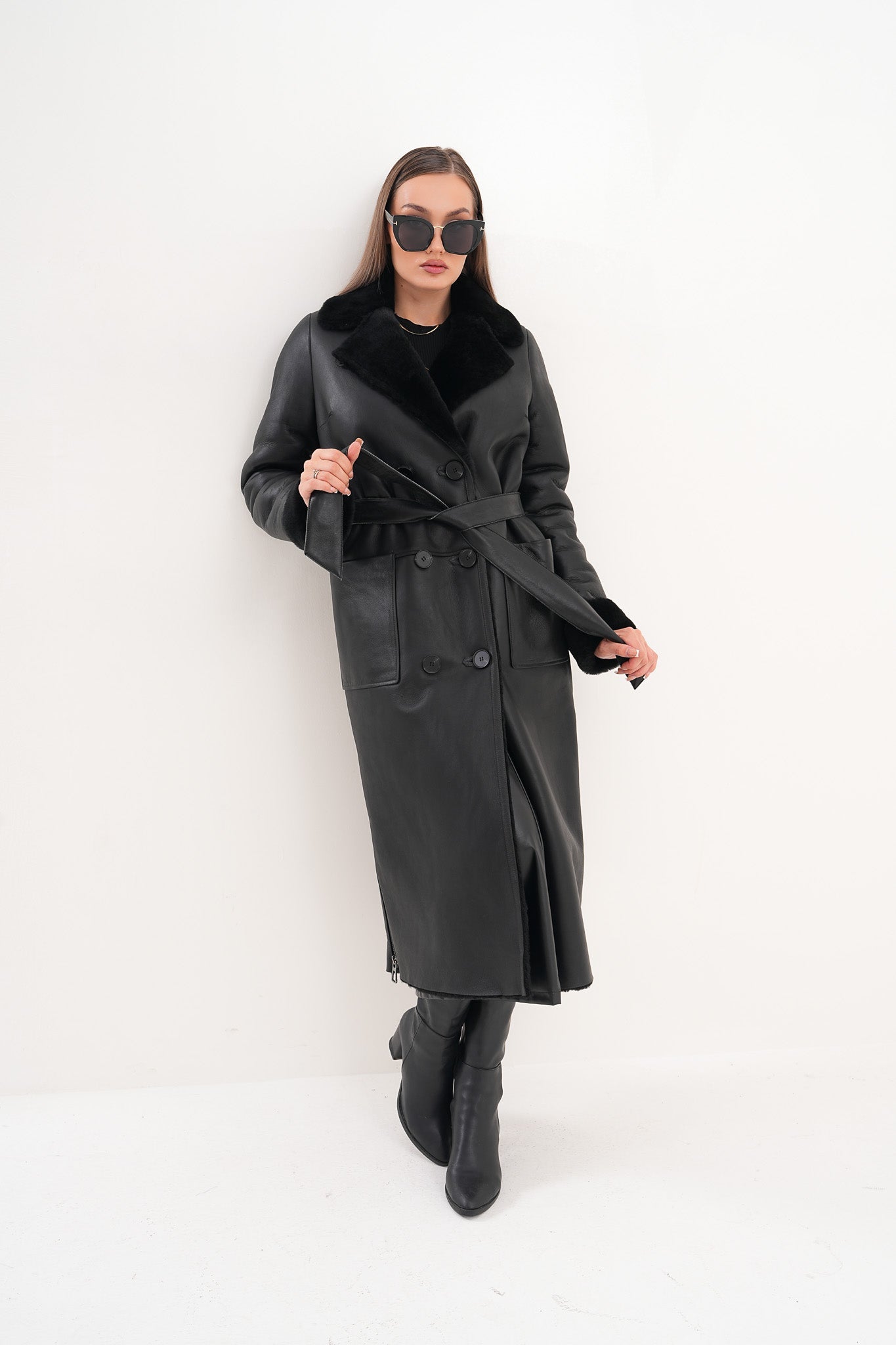The Raven Long Shearling Black Leather Leather Jacket - Vinci Leather