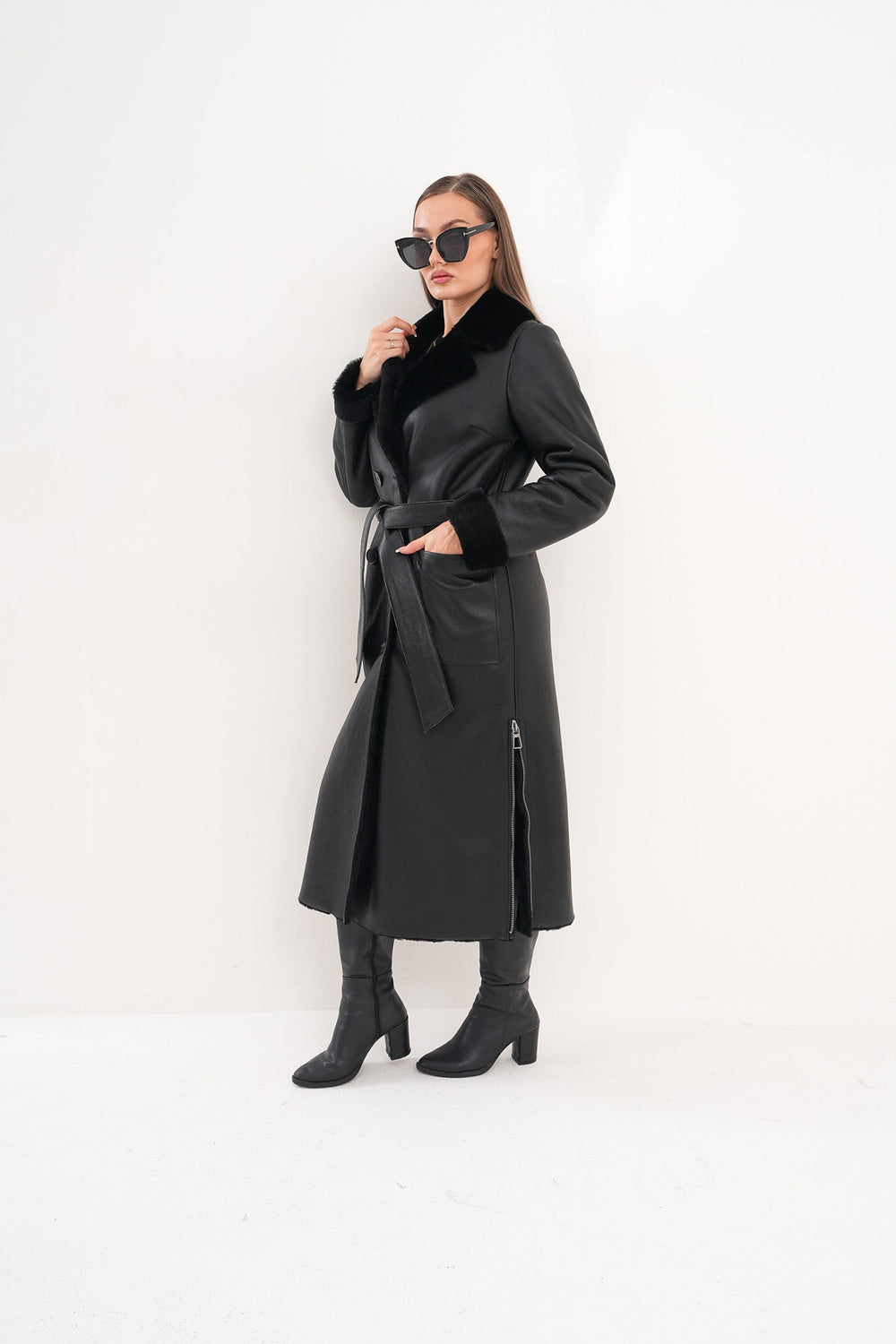 The Raven Long Shearling Black Leather Leather Jacket - Vinci Leather