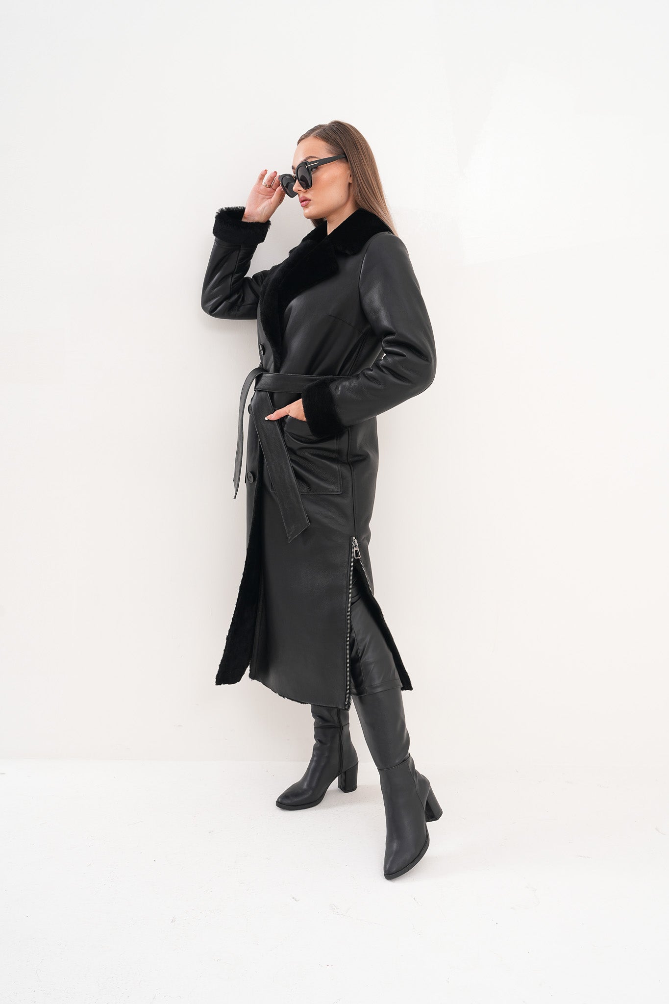 The Raven Long Shearling Black Leather Leather Jacket - Vinci Leather