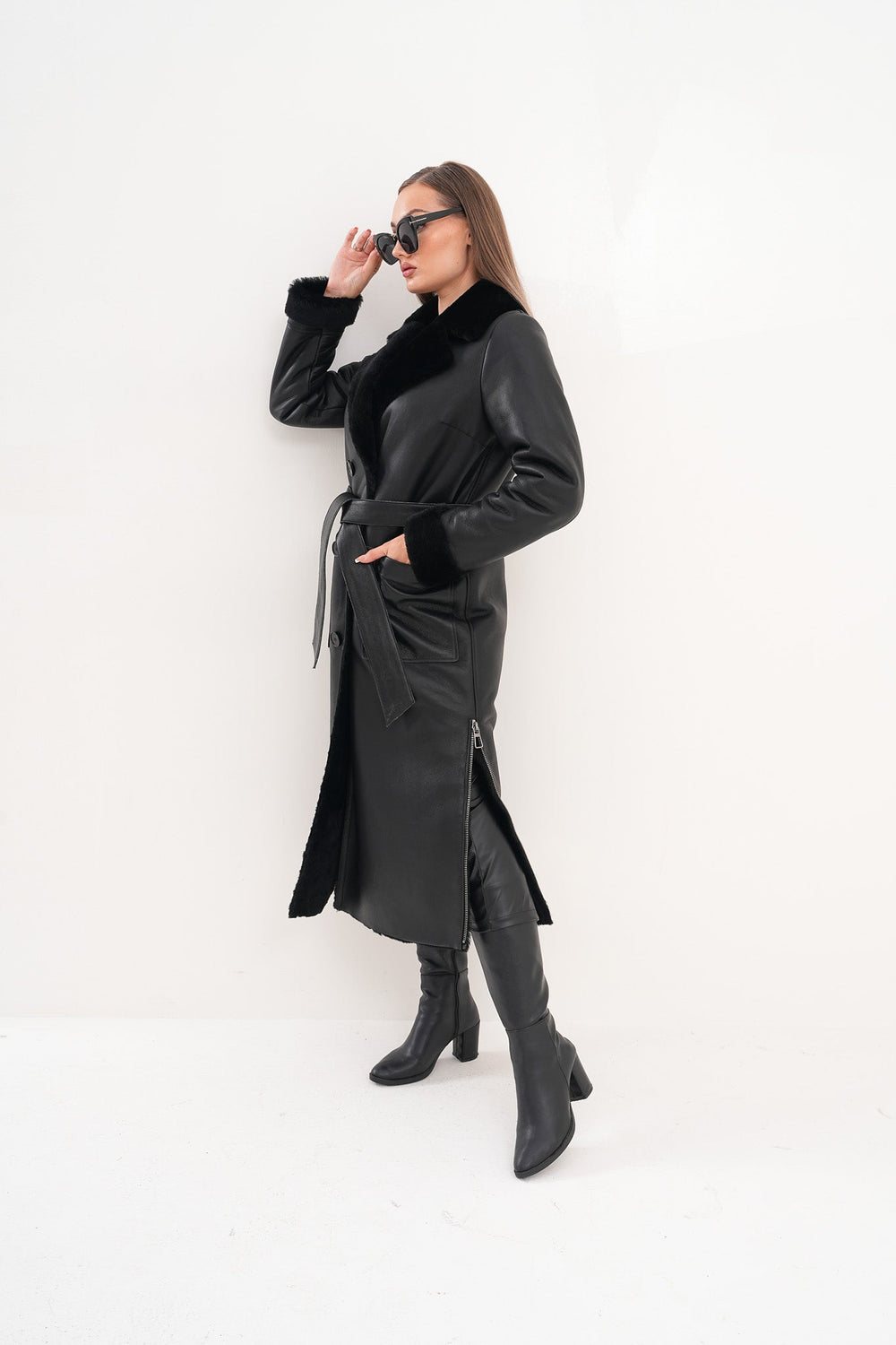The Raven Long Shearling Black Leather Leather Jacket - Vinci Leather