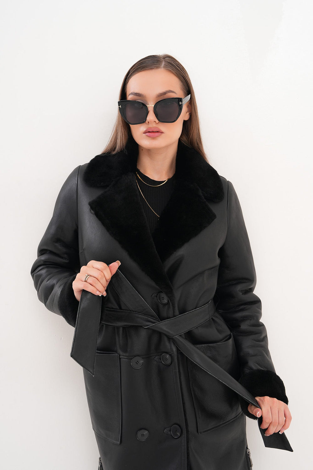 The Raven Long Shearling Black Leather Leather Jacket - Vinci Leather