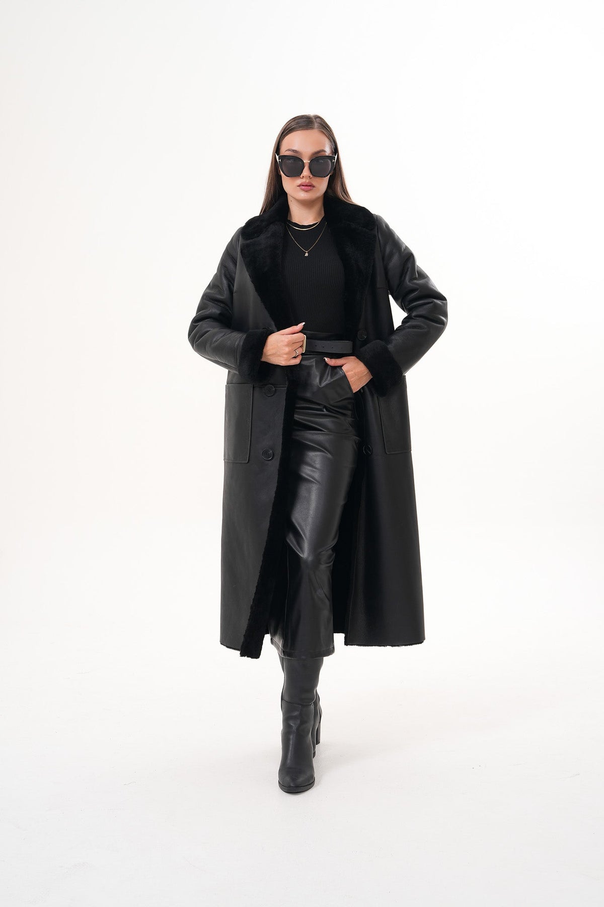 The Raven Long Shearling Black Leather Leather Jacket - Vinci Leather