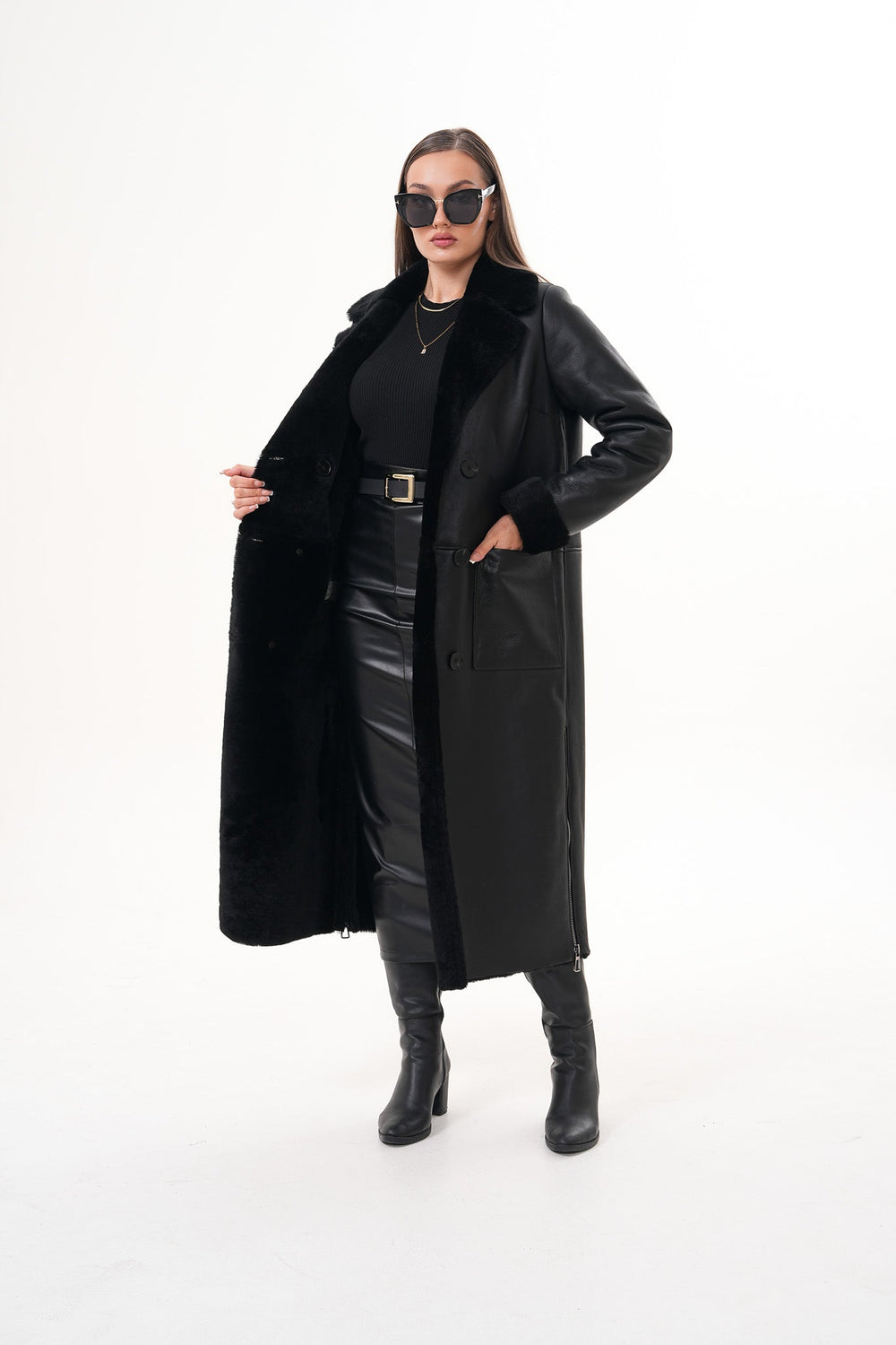 The Raven Long Shearling Black Leather Leather Jacket - Vinci Leather