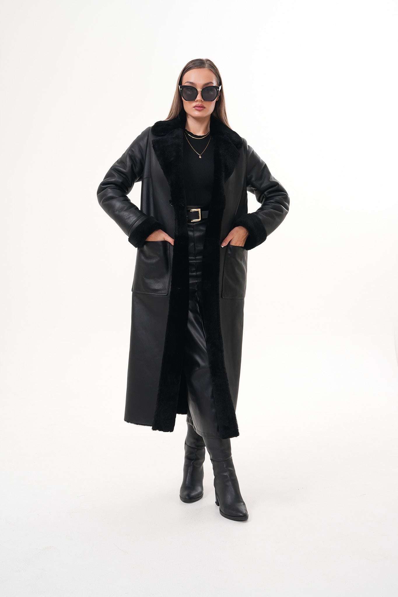 The Raven Long Shearling Black Leather Leather Jacket - Vinci Leather
